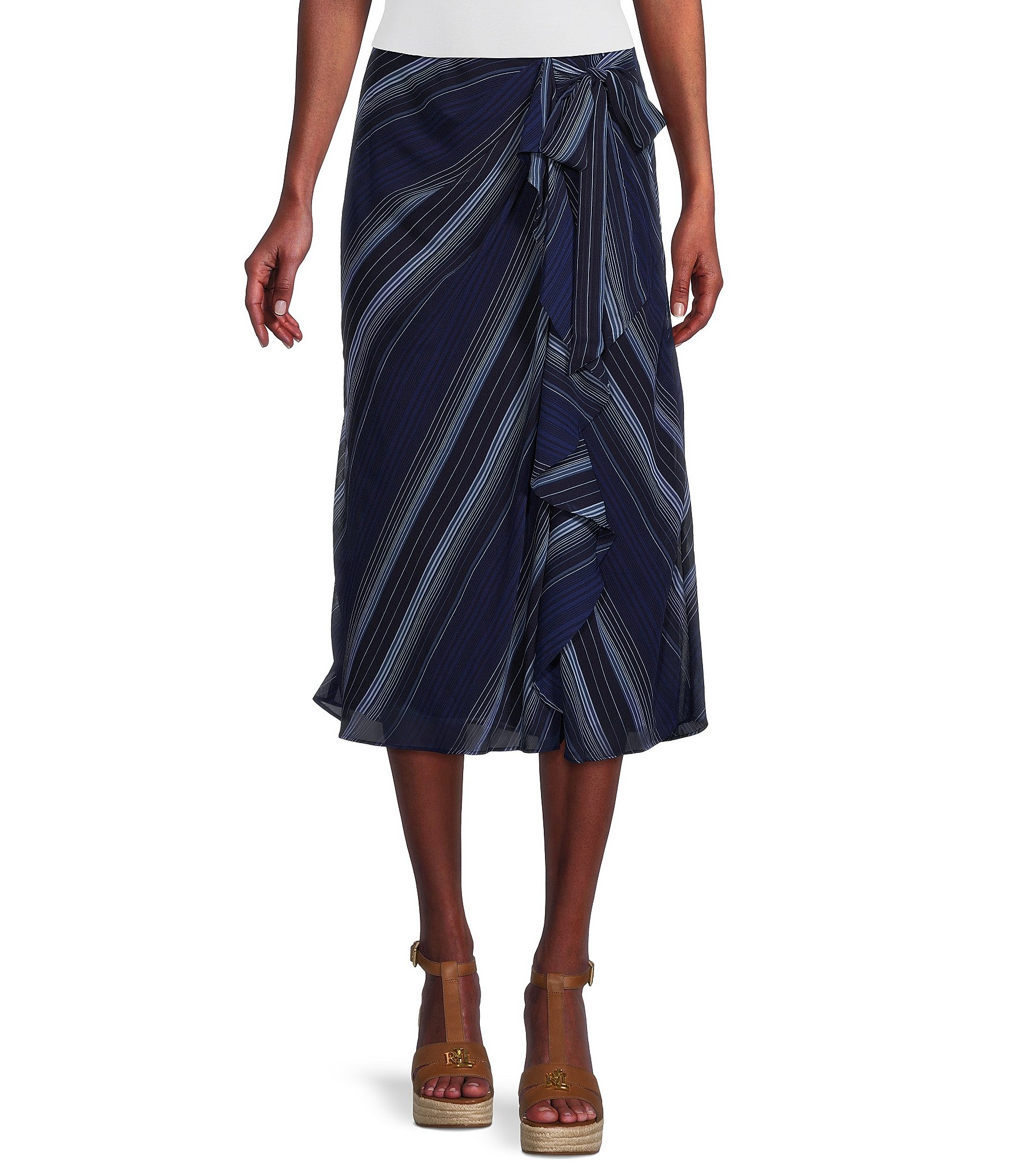 Lauren Ralph Lauren Stripe Print Crinkled Georgette Cascading Ruffle Front  A-Line Midi Skirt | Dillard's