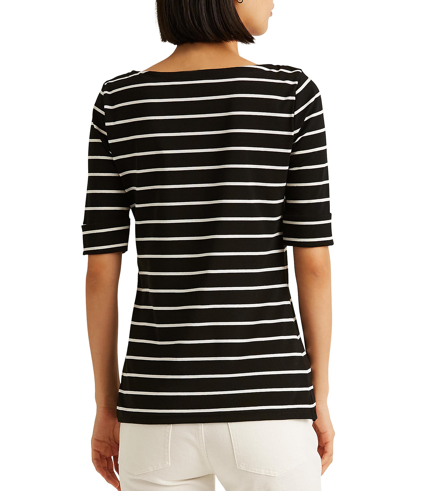 Lauren Ralph Lauren Stripe Stretch Boat Neck Short Sleeve Shirt