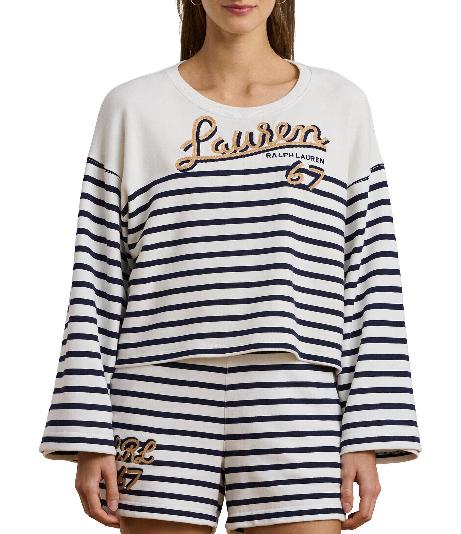 Lauren Ralph Lauren Striped French Terry Embroidered Crew Neck Long Sleeve Cropped Sweatshirt