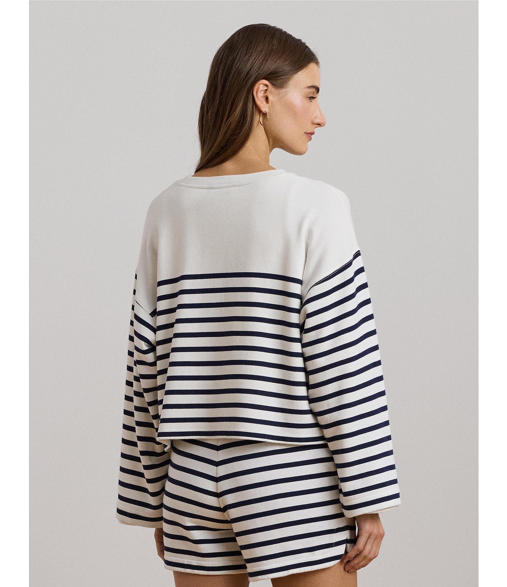 Lauren Ralph Lauren Striped French Terry Embroidered Crew Neck Long Sleeve Cropped Sweatshirt