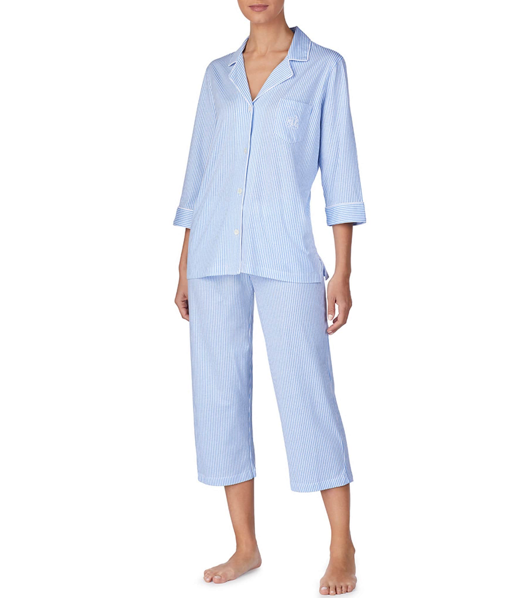 Lauren Ralph Lauren Striped Jersey Notch Collar 3/4 Sleeve Pajama Set |  Dillard's