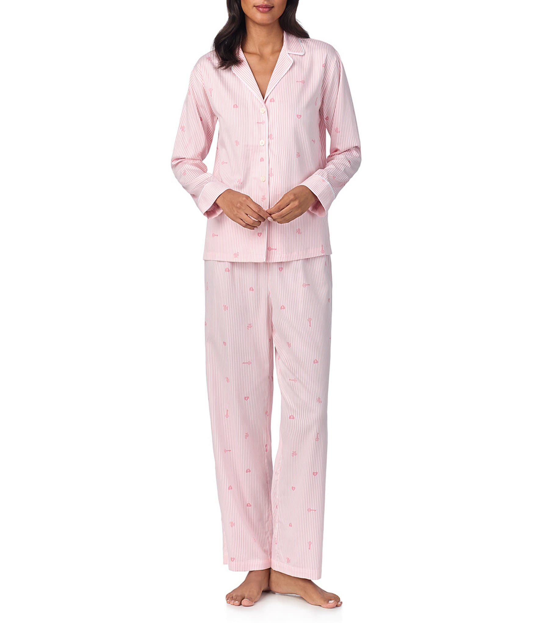 Lauren Ralph Lauren Striped Long Sleeve Notch Collar Woven Cotton Sateen Pajama Set