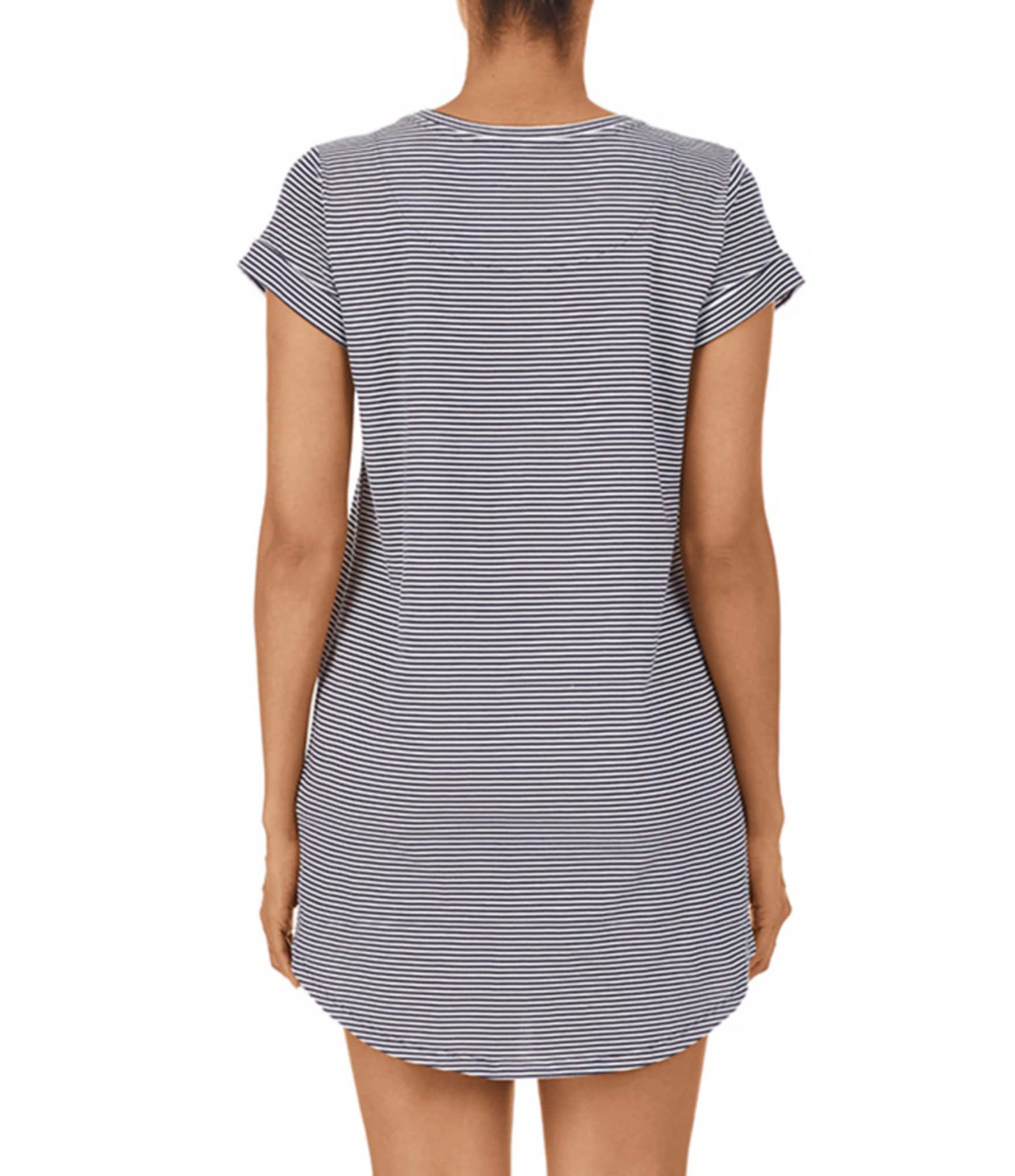 Lauren Ralph Lauren Striped Print Jersey Knit Jewel Neck Cuffed Short Sleeve Curved Hem Cotton Nightgown