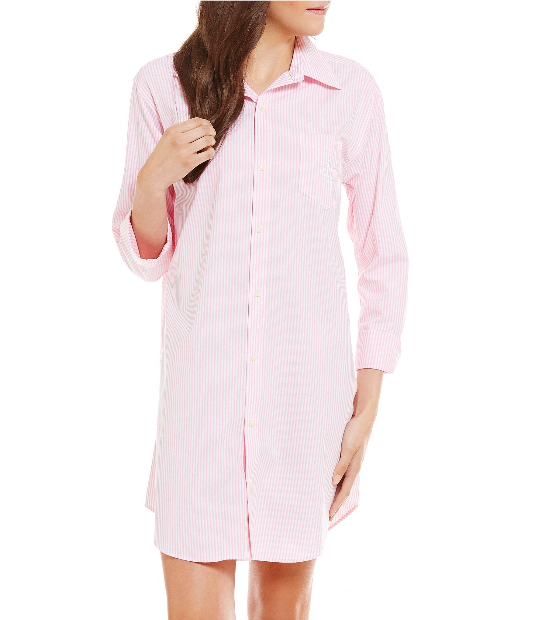 Lauren Ralph Lauren Striped Jersey Notch Collar 3/4 Sleeve Pajama