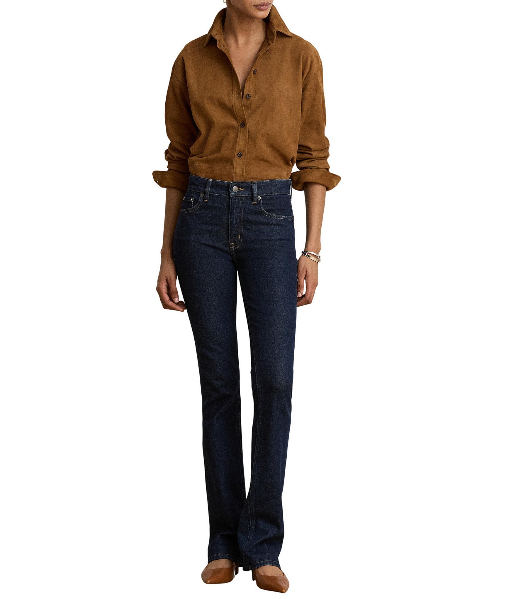 Lauren Ralph Lauren Suede Point Collar Long Sleeve Button Down Shirt