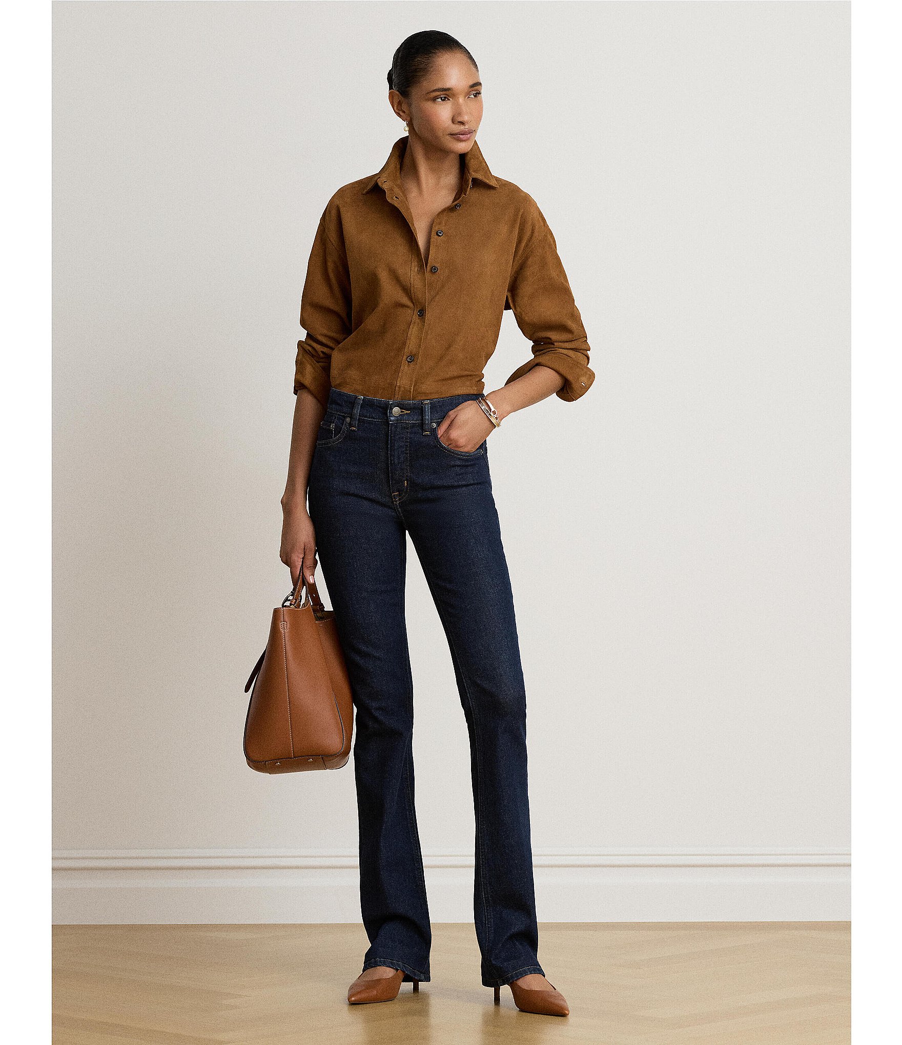 Lauren Ralph Lauren Suede Point Collar Long Sleeve Button Down Shirt