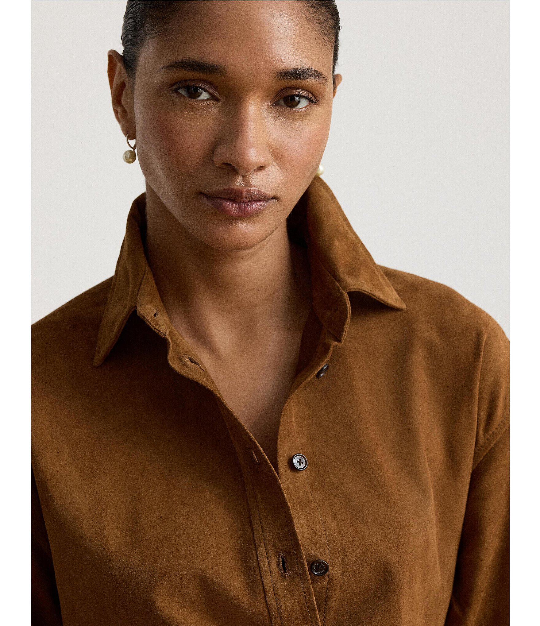 Lauren Ralph Lauren Suede Point Collar Long Sleeve Button Down Shirt