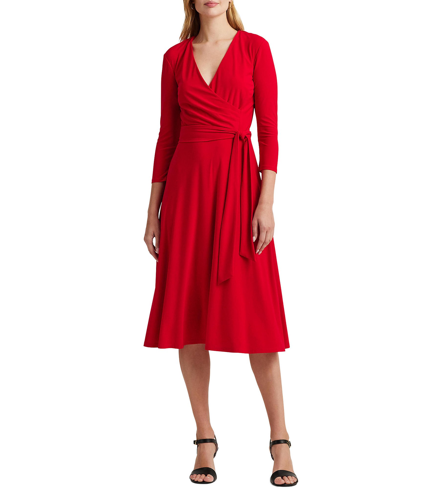 Lauren Ralph Lauren Surplice V-Neck 3/4 Sleeve A-Line Midi Dress ...