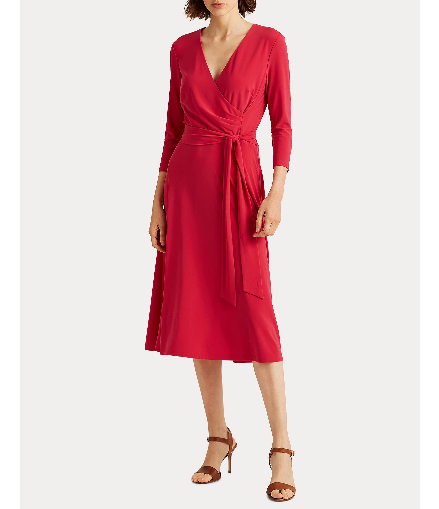 Lauren Ralph Lauren Surplice V-Neck 3/4 Sleeve Faux Wrap Midi Dress |  Dillard's