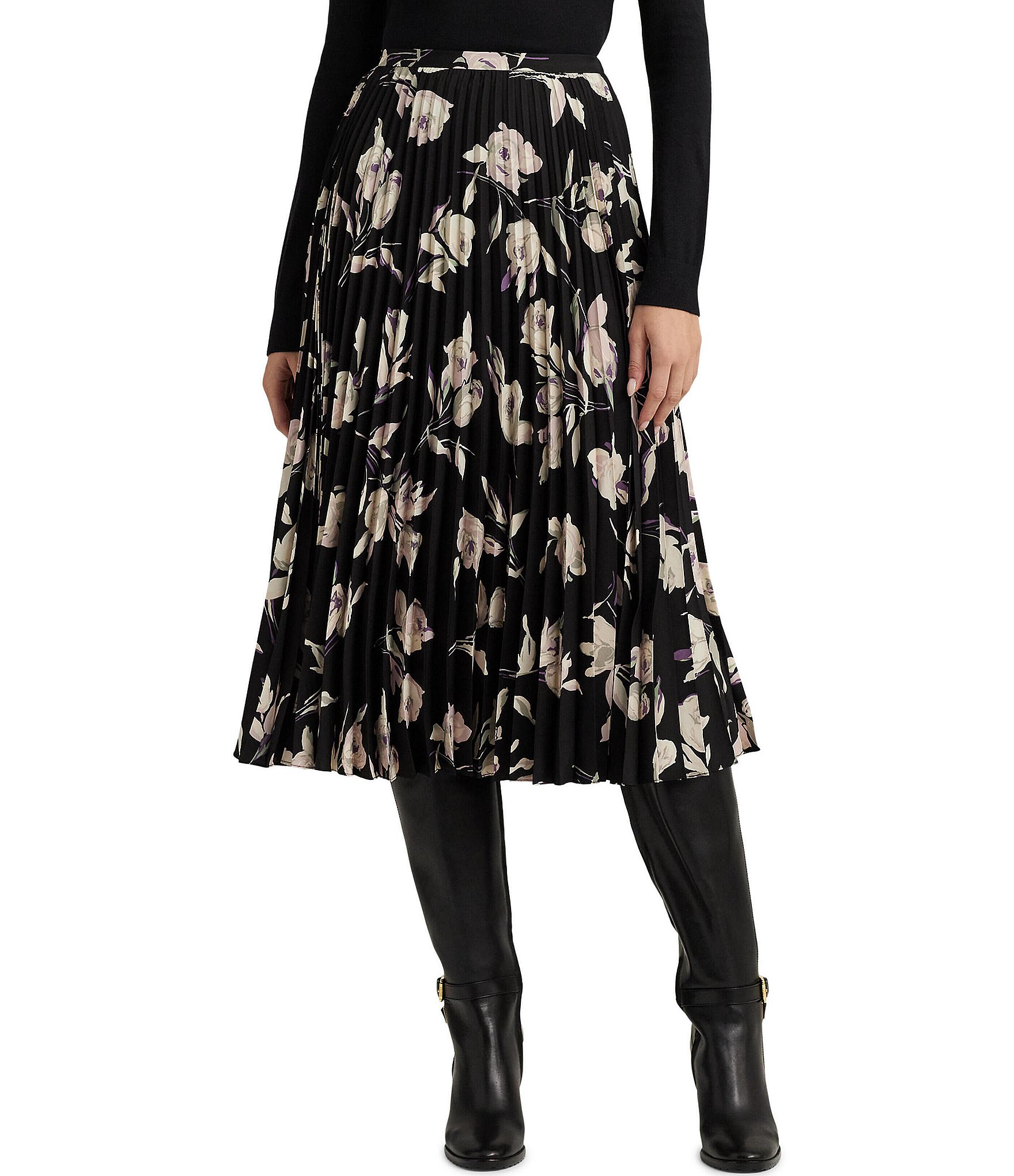 Lauren Ralph Lauren Suzu Floral Pleated A-Line Midi Skirt | Dillard's
