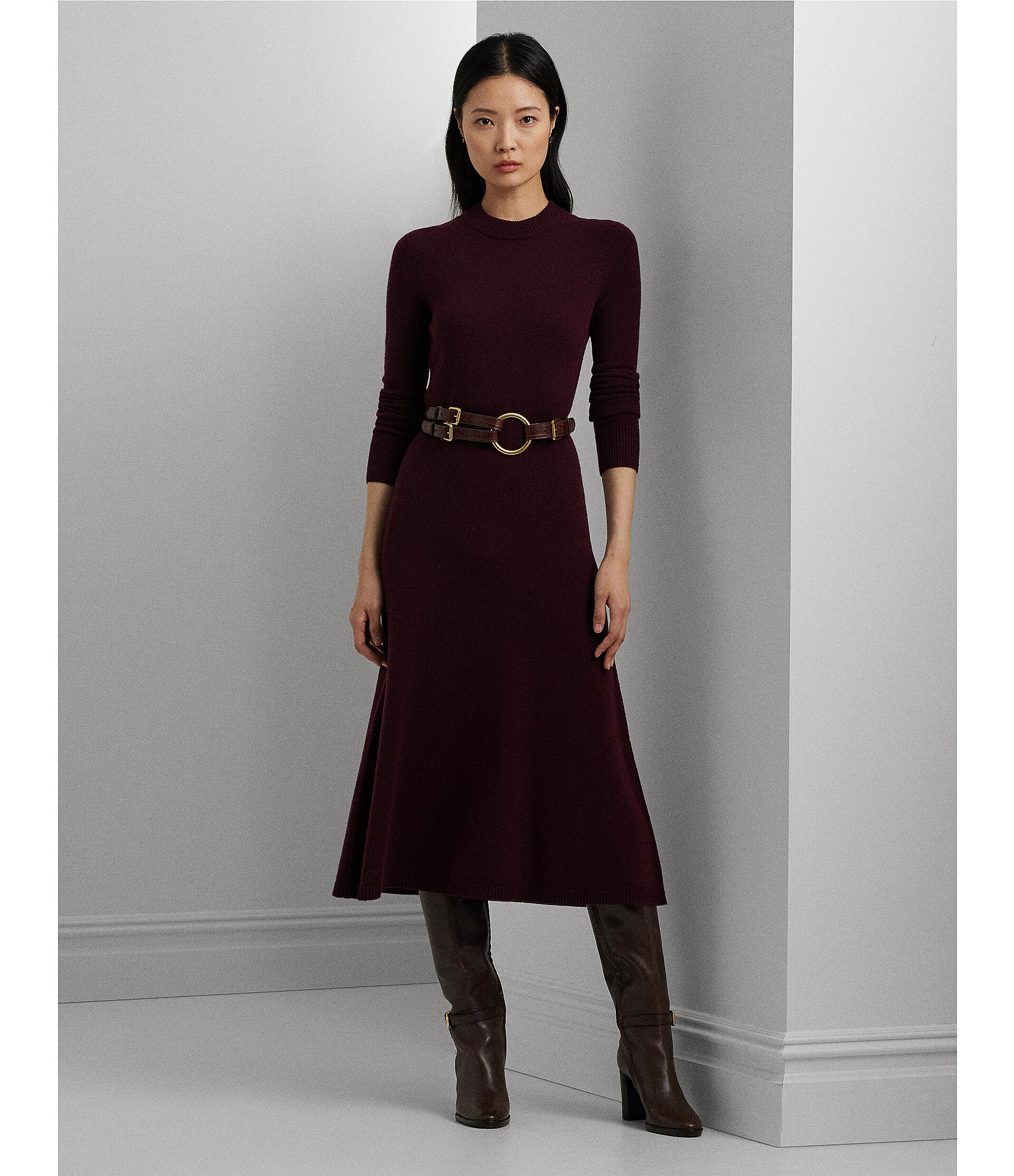 Lauren Ralph Lauren Ribbed Knit Wool Blend Crew Neck Long Sleeve Dress