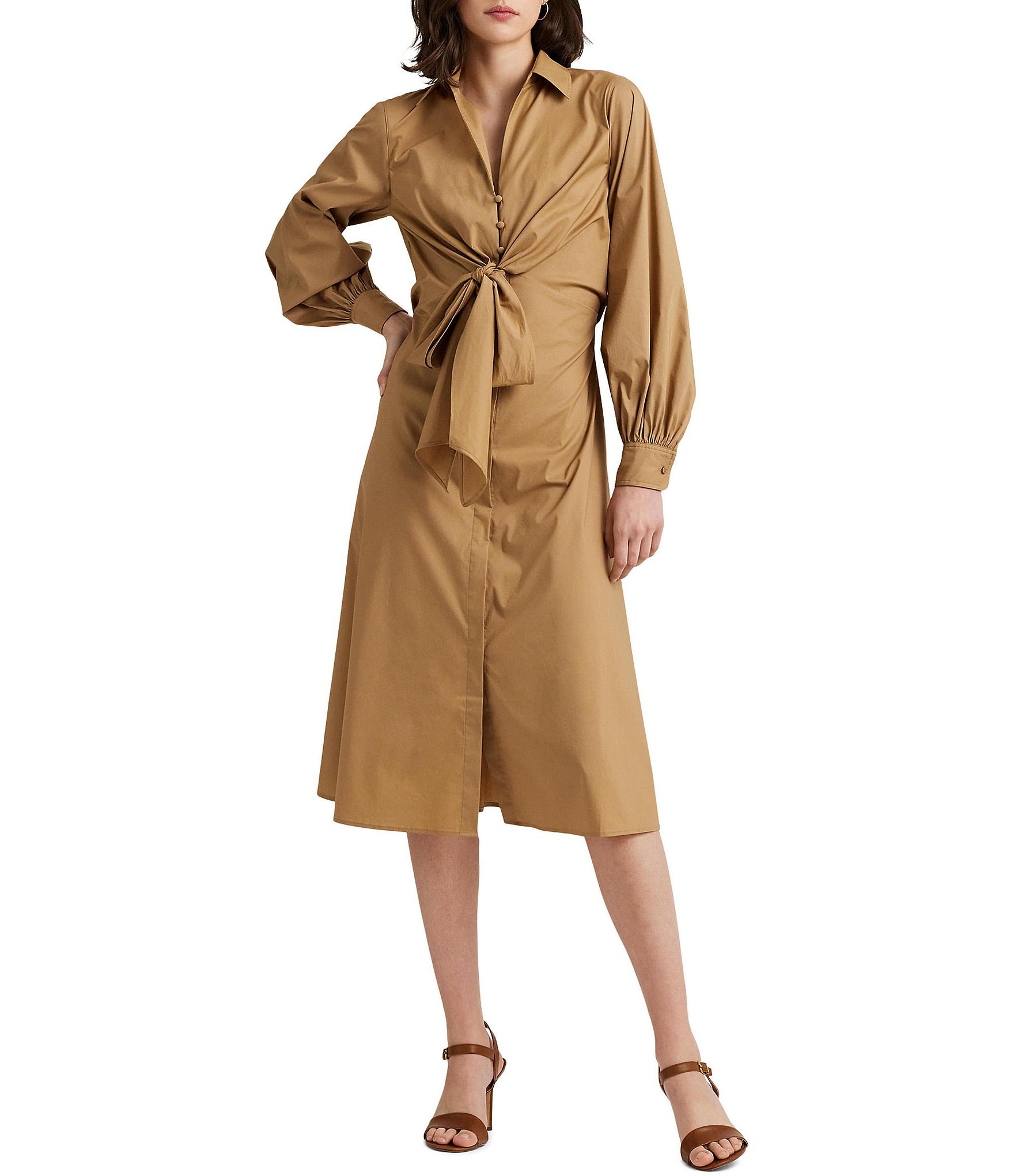 Lauren Ralph Lauren Tie Front Cotton Blend Shirt Dress | Dillard's