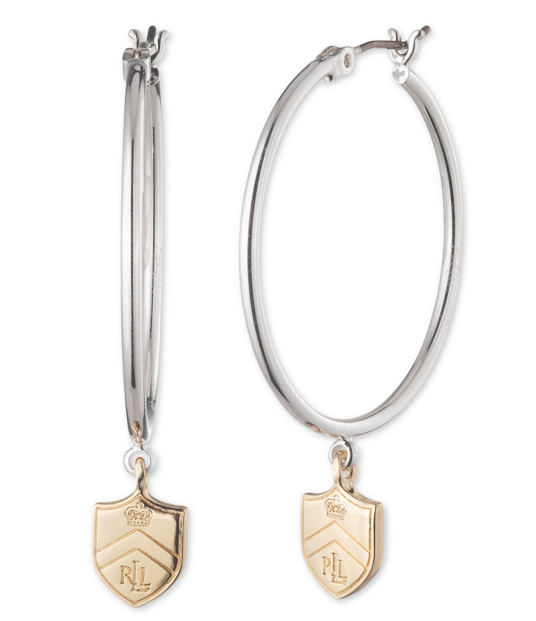 Lauren Ralph Lauren Two Tone Crest Charm Hoop Earrings | Dillard's