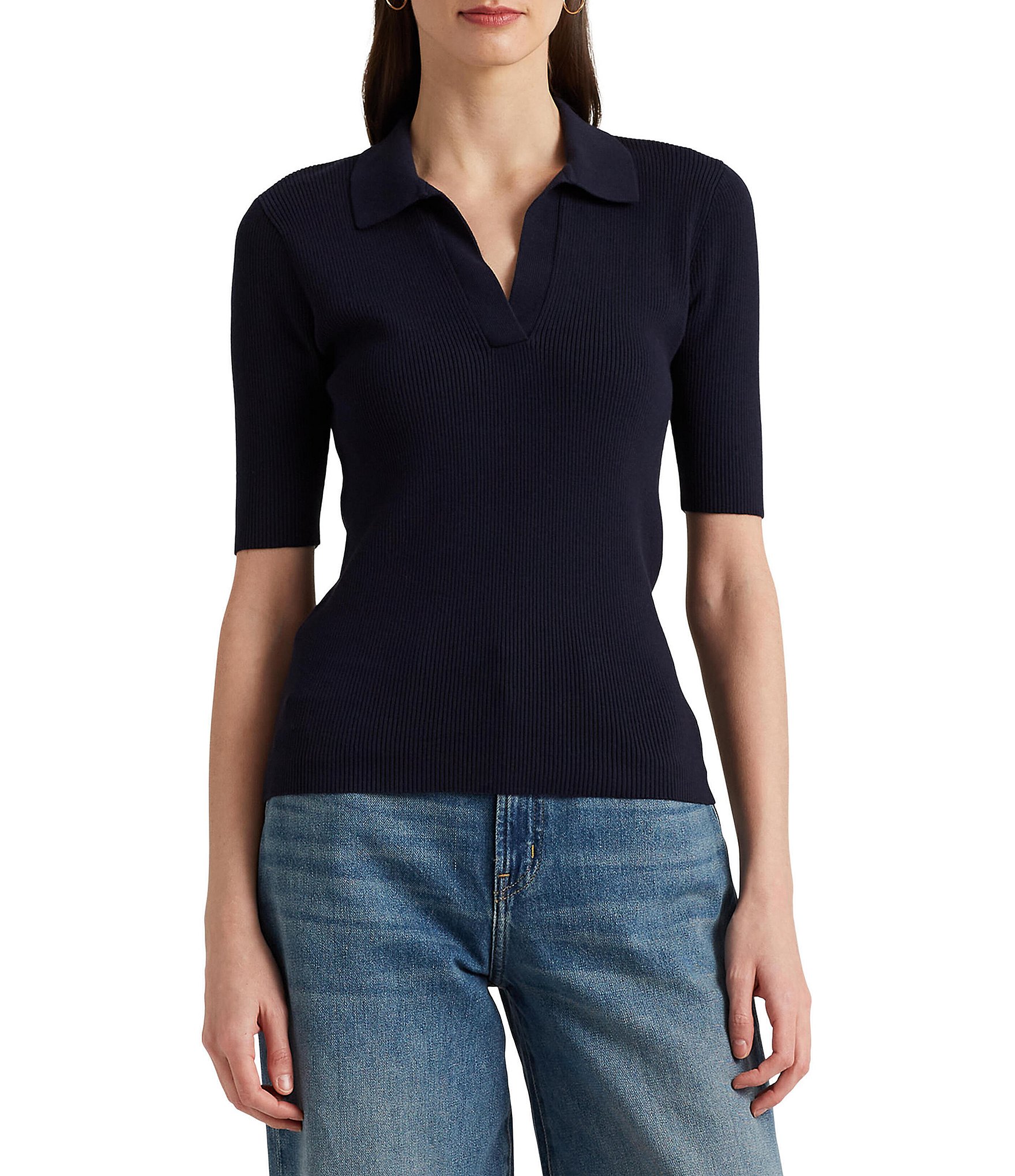 Lauren Ralph Lauren V-Neck Short Sleeve Ribbed Knit Polo Sweater | Dillard's