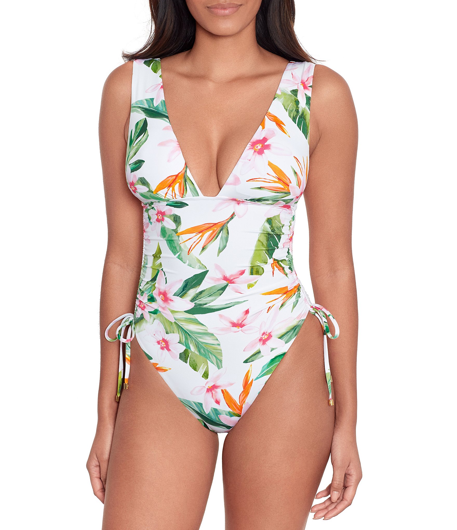 Lauren Ralph Lauren Watercolor Tropical Floral Print Shirred Side Tie  Plunge Tank One Piece Swimsuit | Dillard's