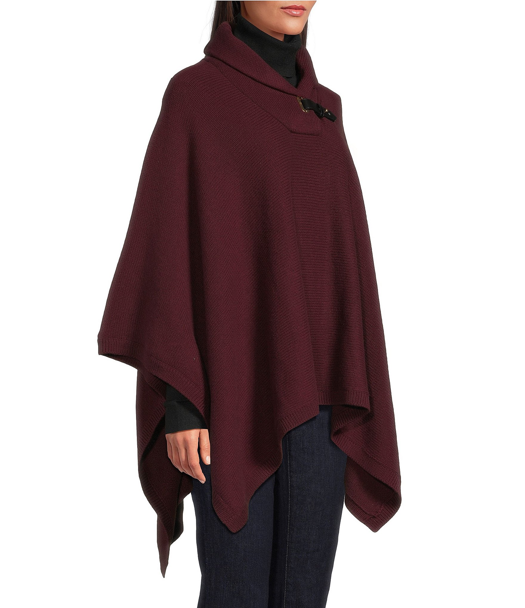 Lauren Ralph Lauren Wool Blend Buckle Trim Sweater Poncho