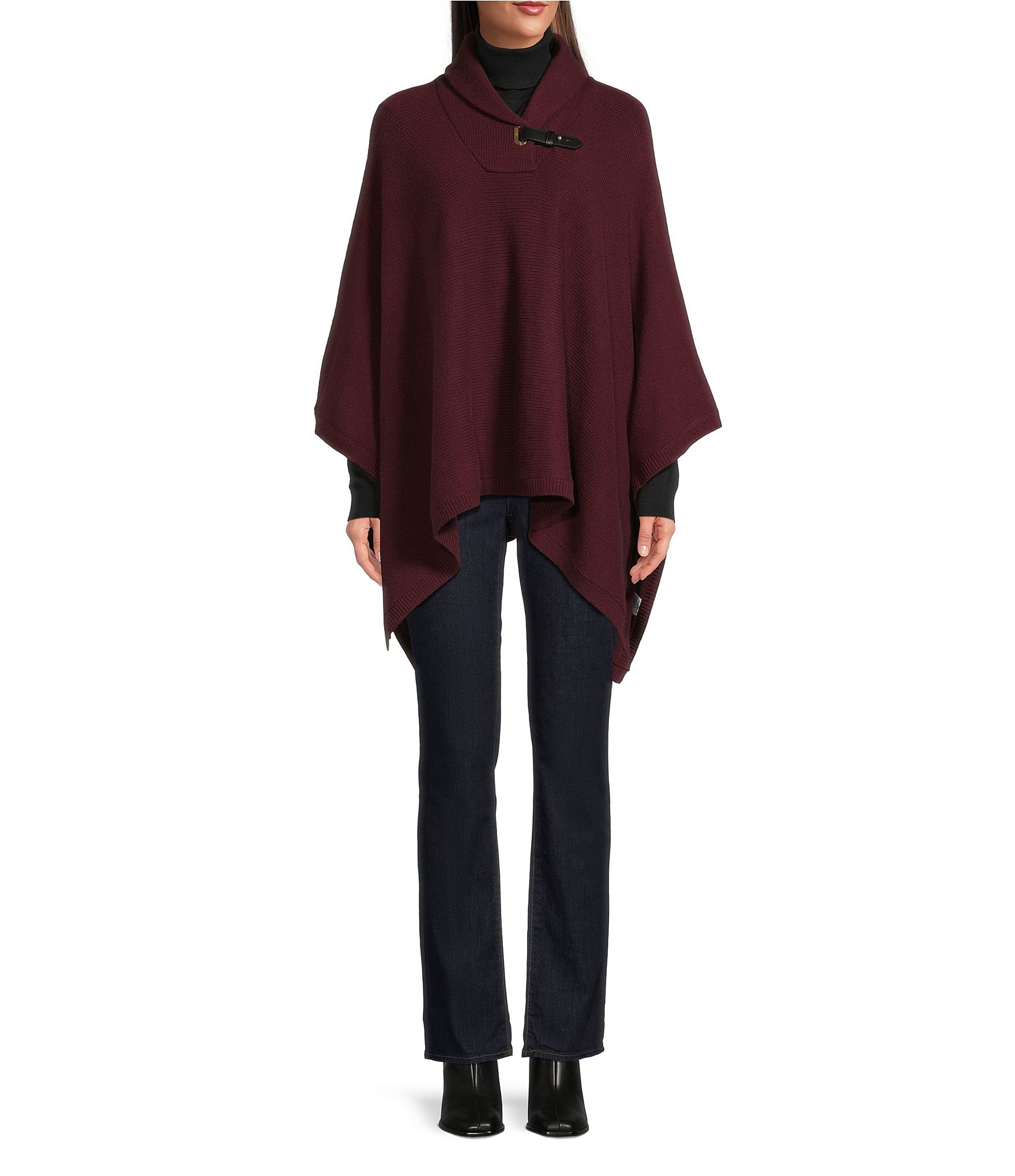 Lauren Ralph Lauren Wool Blend Buckle Trim Sweater Poncho