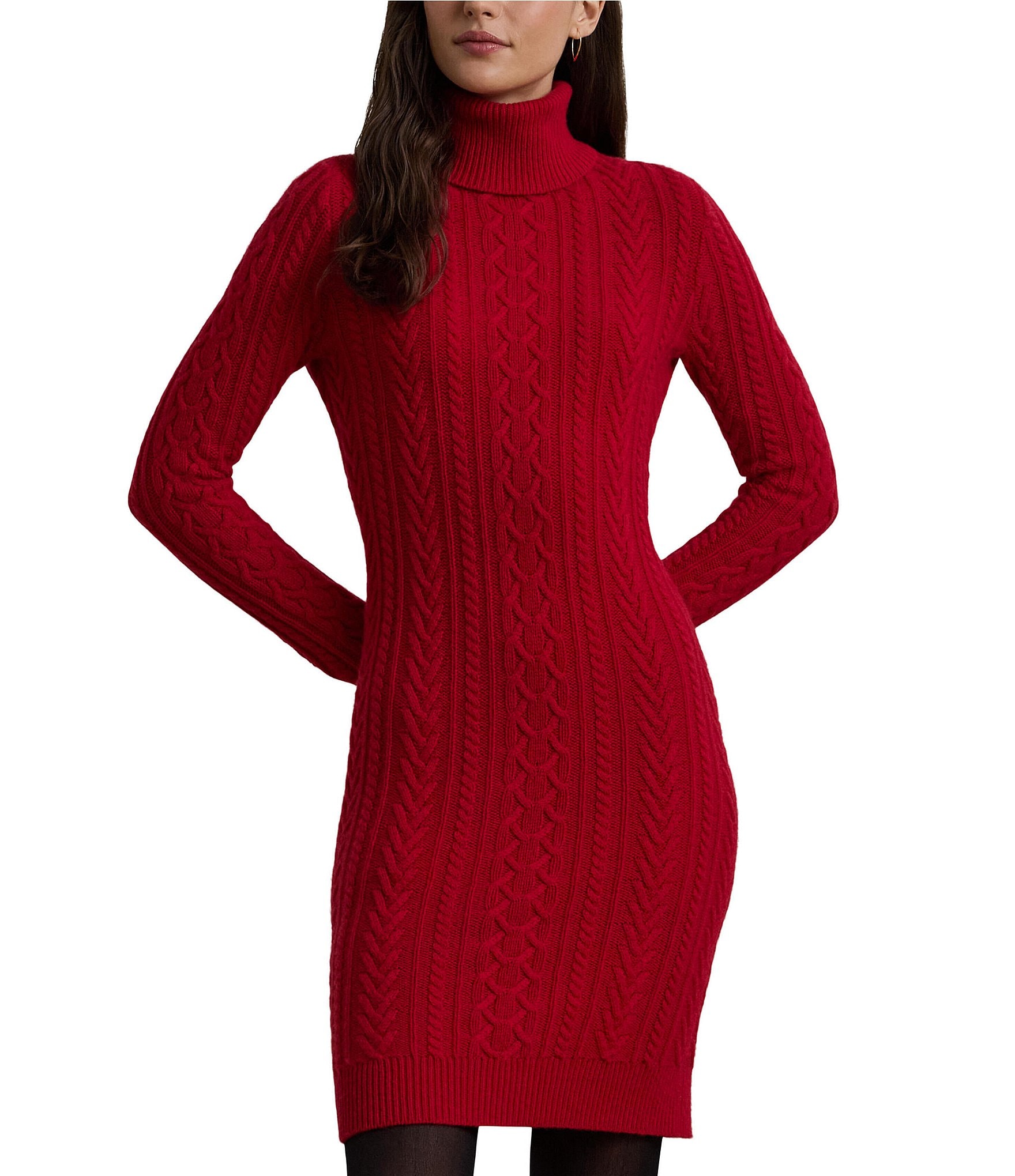 Lauren Ralph Lauren Wool-Blend Cable Knit Turtleneck Long Sleeve Sweater Dress