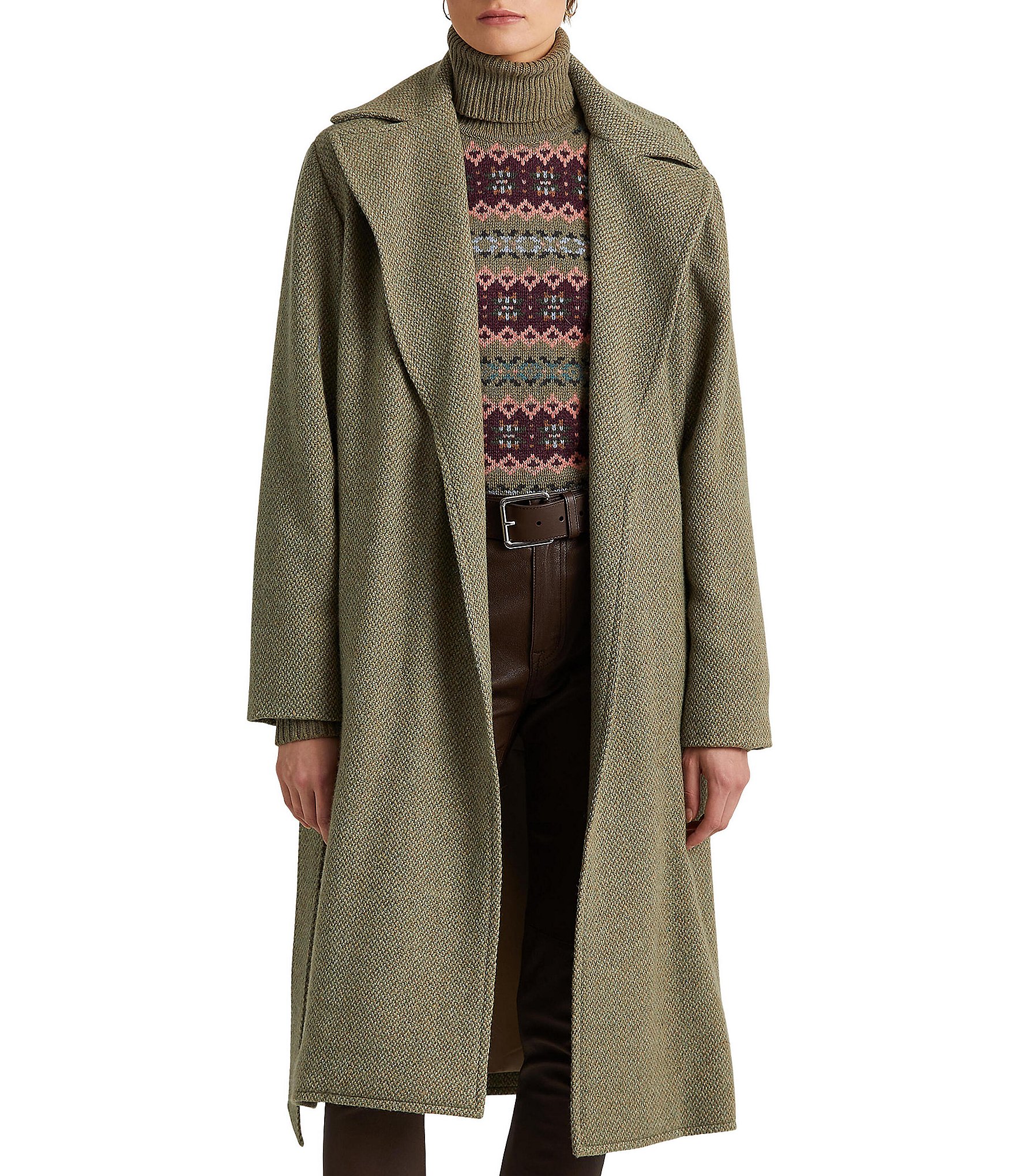 Lauren Ralph Lauren Wool Blend Tweed Notch Lapel Tie Waist Long Sleeve  Belted Wrap Trench Coat | Dillard's