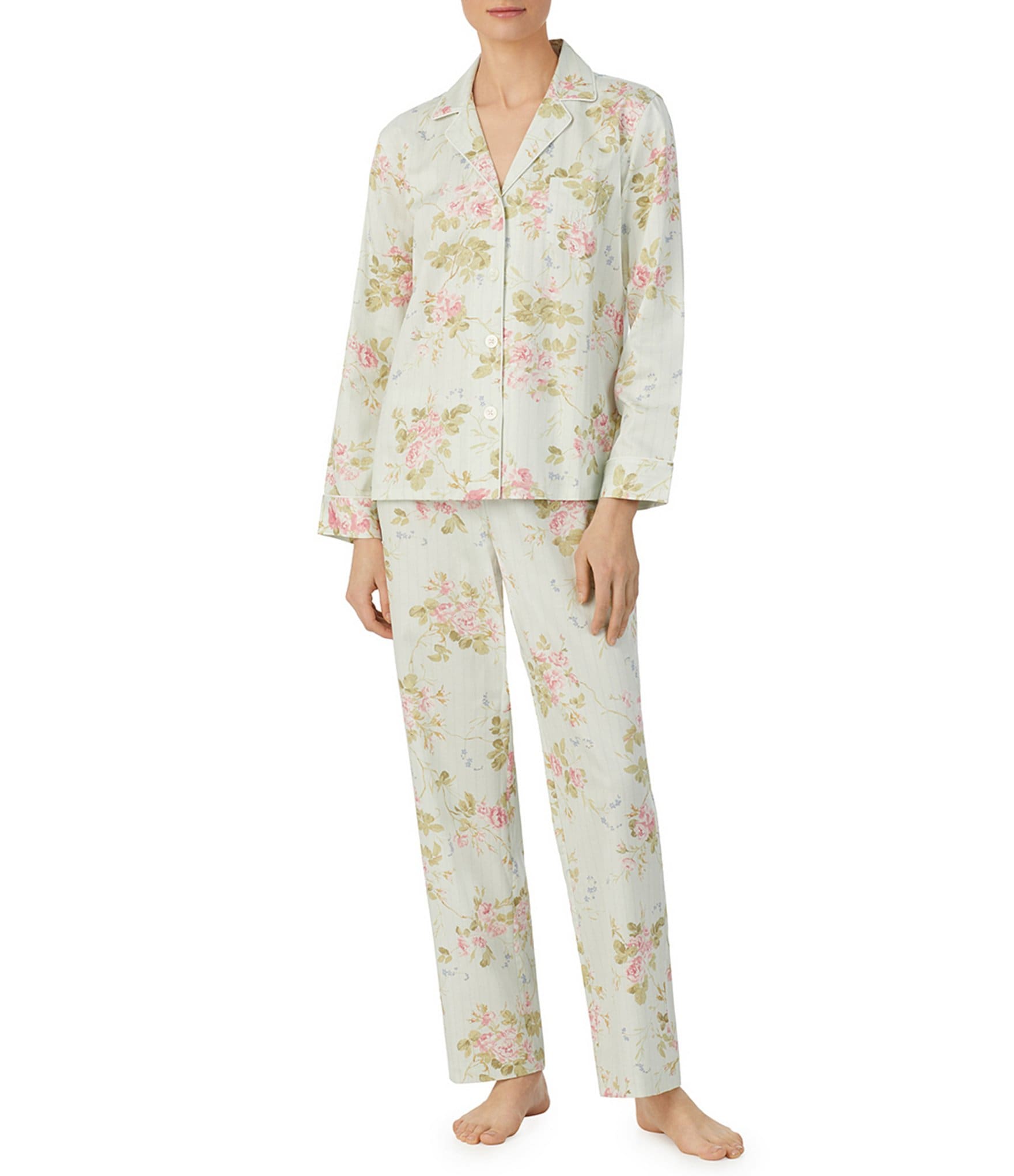 Lauren Ralph Lauren Woven Floral Print Long Sleeve Notch Collar Long Pajama  Set