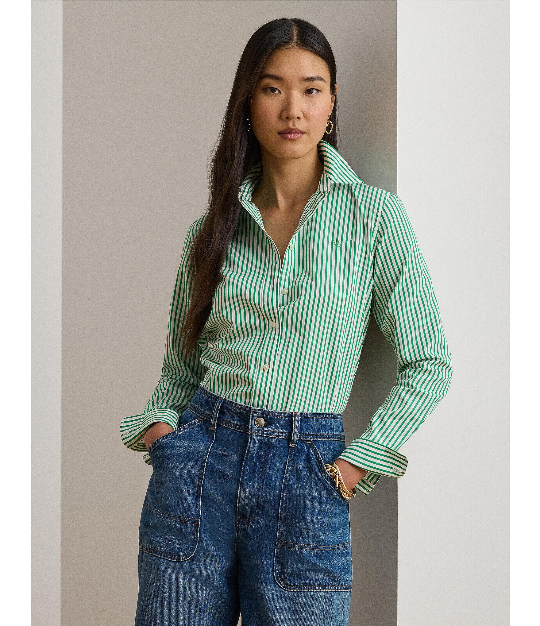 Lauren Ralph Lauren Woven Stripe Point Collar Long Sleeve Button-Front Shirt