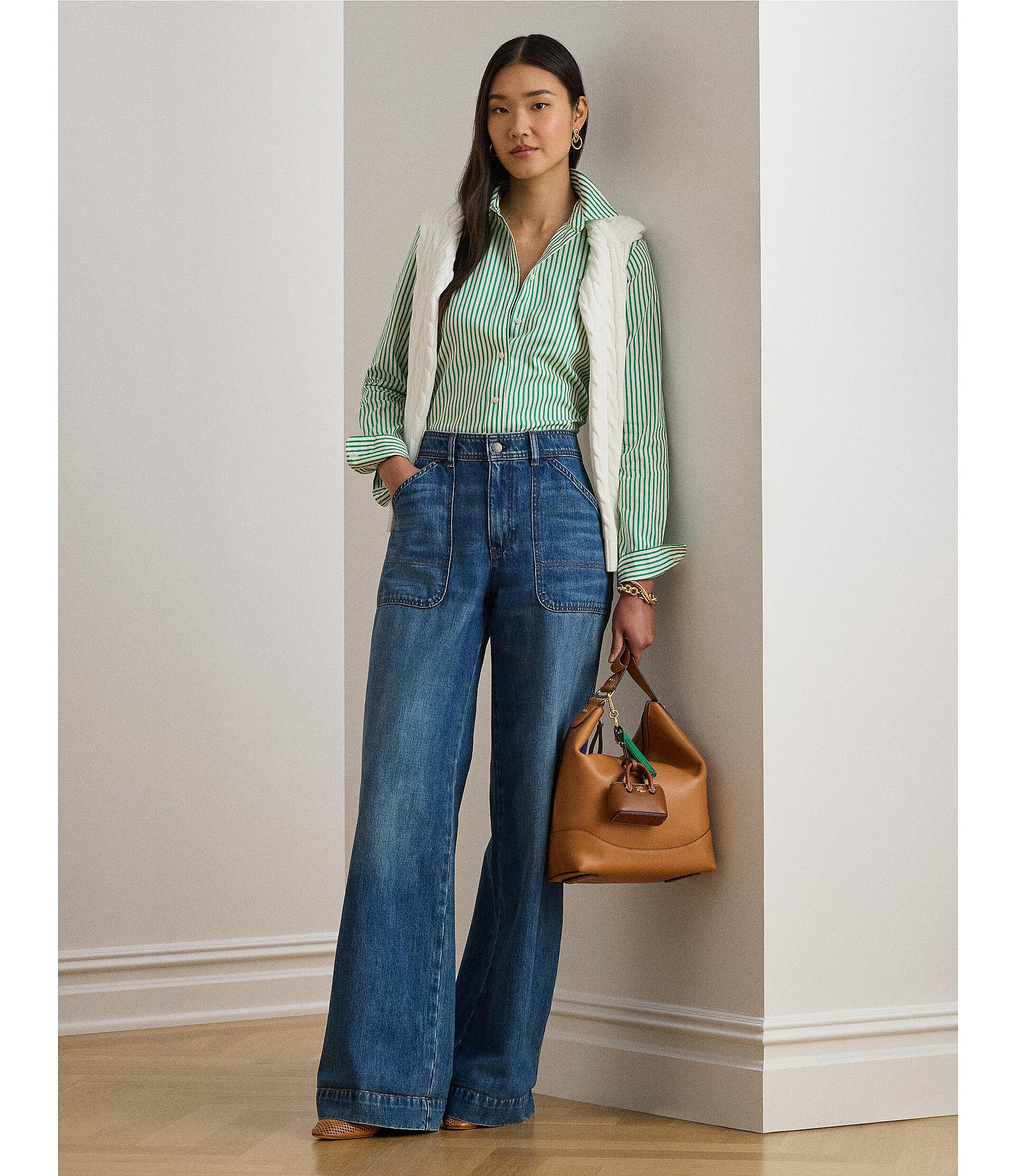 Lauren Ralph Lauren Woven Stripe Point Collar Long Sleeve Button-Front Shirt