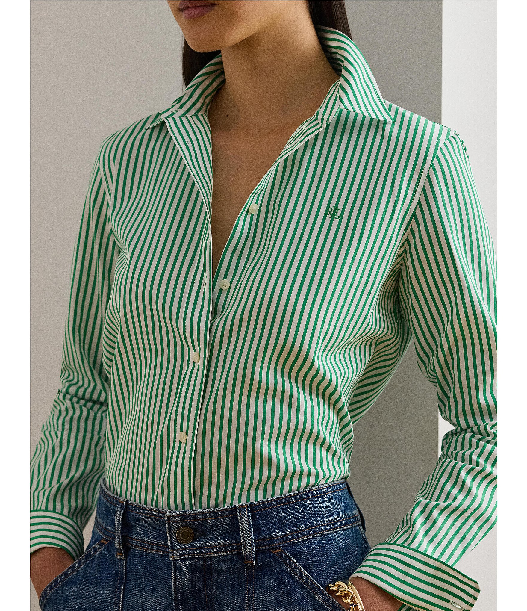 Lauren Ralph Lauren Woven Stripe Point Collar Long Sleeve Button-Front Shirt