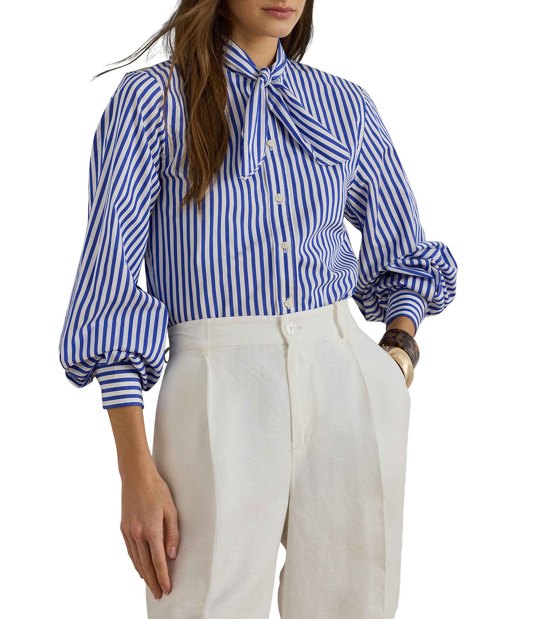 Lauren Ralph Lauren Woven Stripe Self-Tie Collar Long Sleeve Button Front Shirt