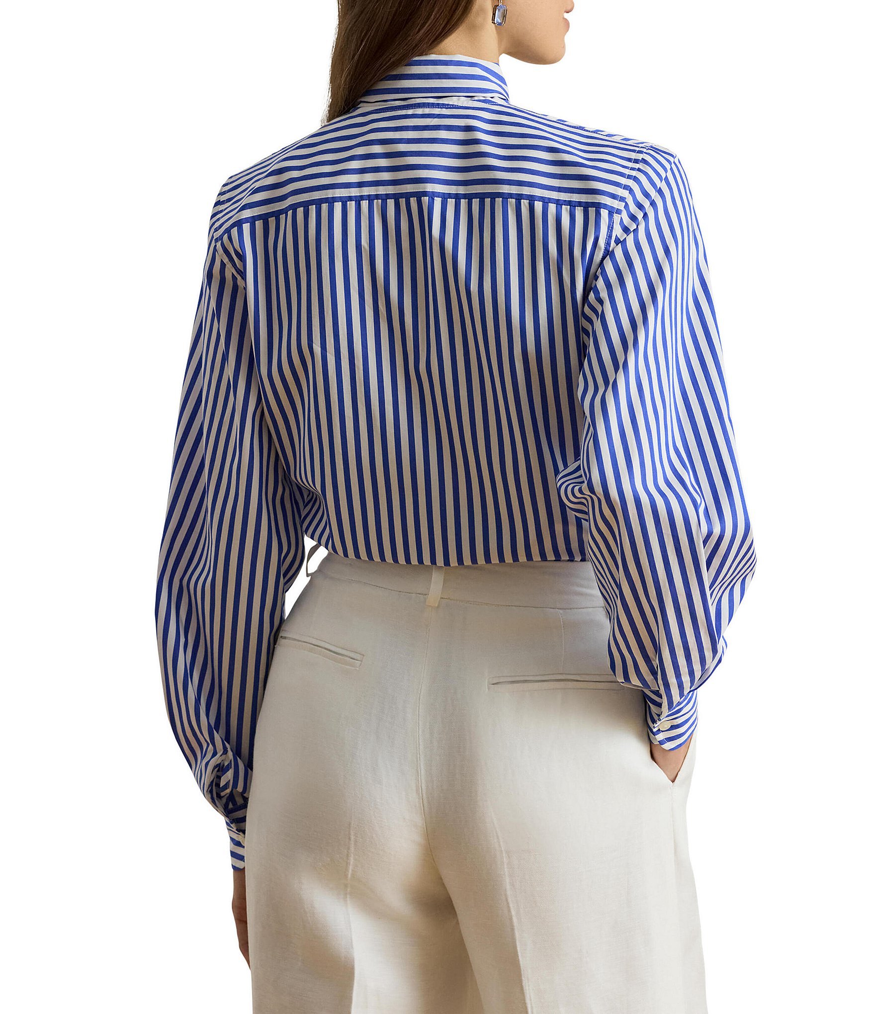 Lauren Ralph Lauren Woven Stripe Self-Tie Collar Long Sleeve Button Front Shirt