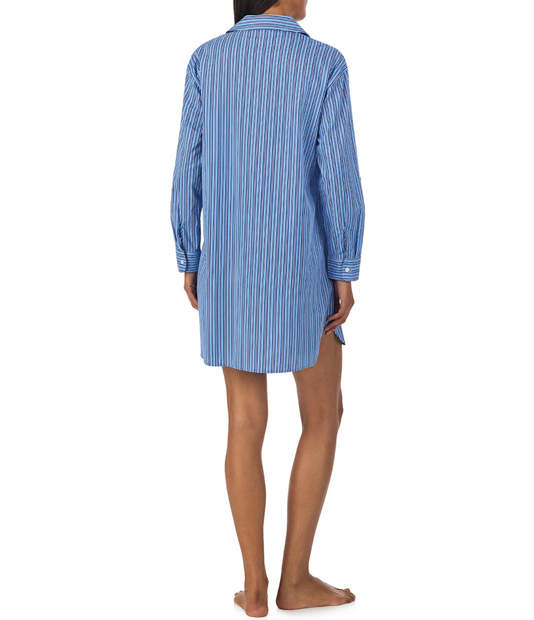 Lauren Ralph Lauren Woven Striped Rolled Tab Sleeve Button-Front Nightshirt