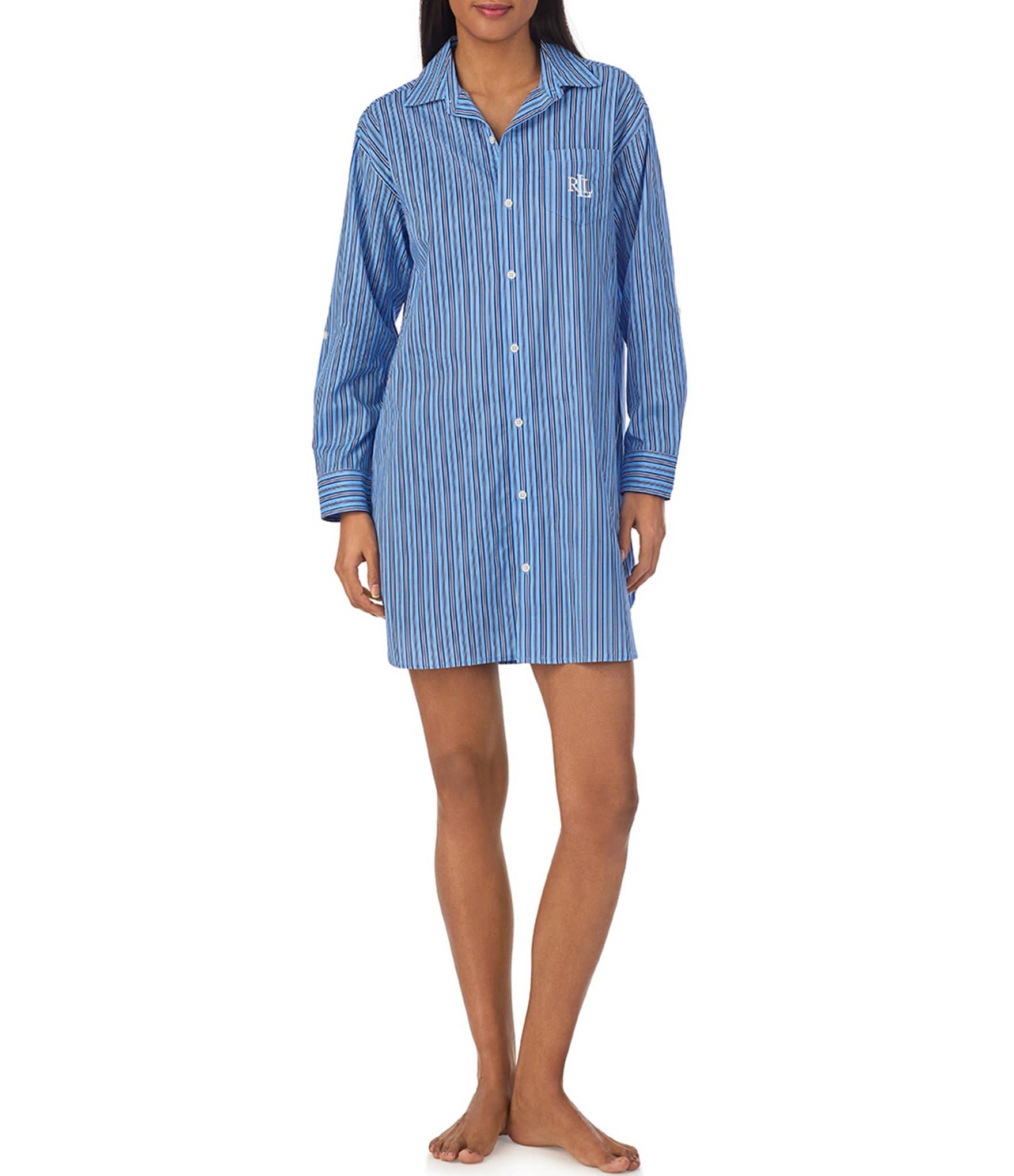 Lauren Ralph Lauren Woven Striped Rolled Tab Sleeve Button-Front Nightshirt