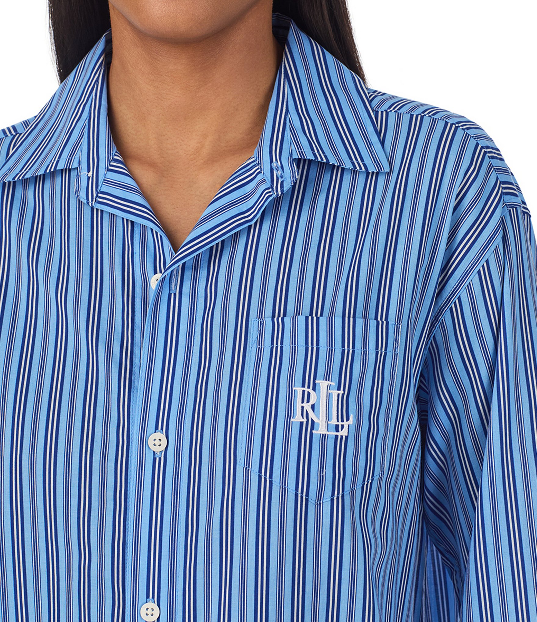 Lauren Ralph Lauren Woven Striped Rolled Tab Sleeve Button-Front Nightshirt