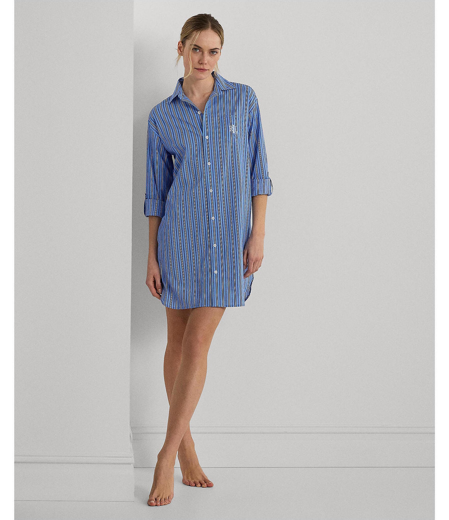 Lauren Ralph Lauren Woven Striped Rolled Tab Sleeve Button-Front Nightshirt