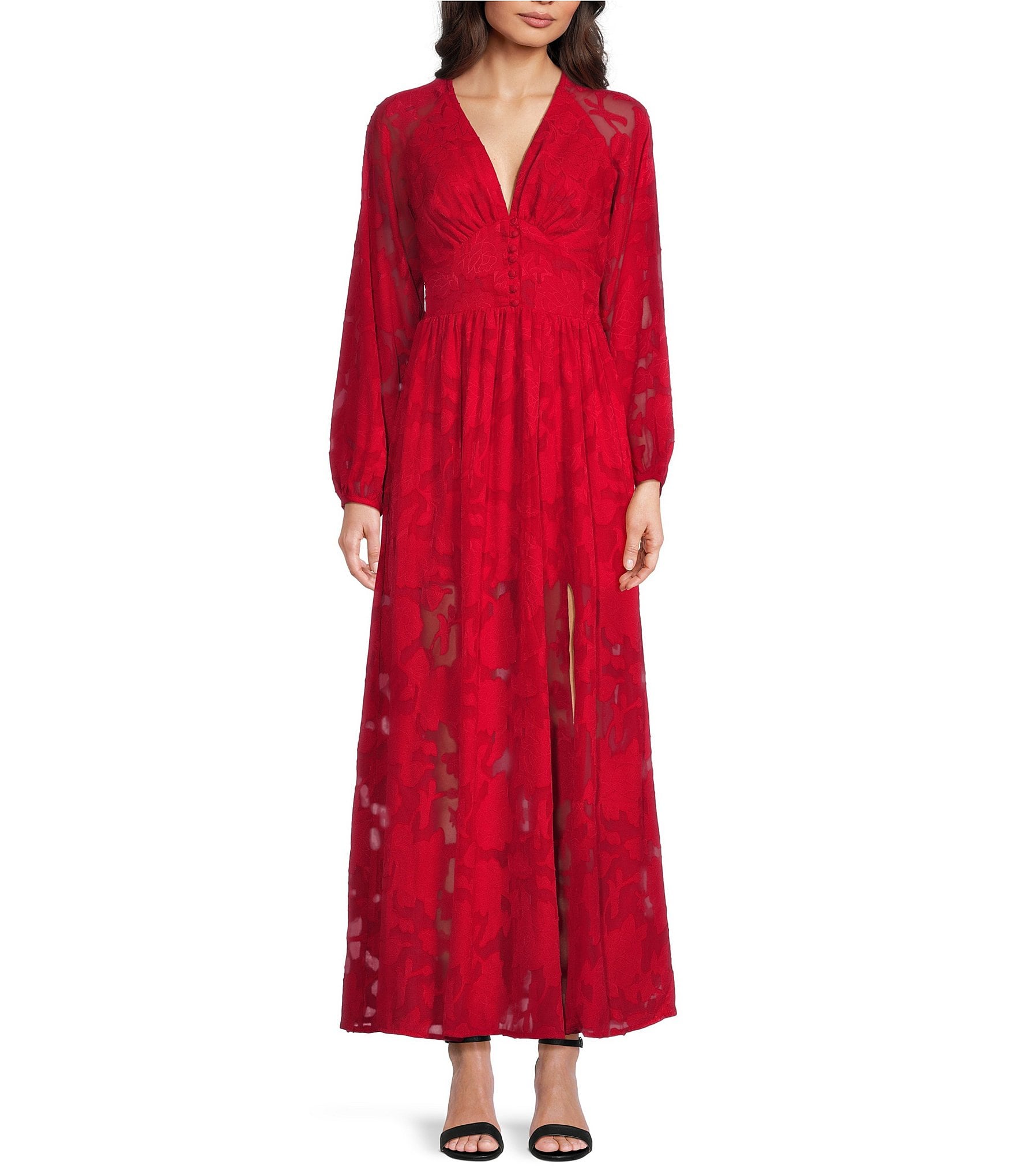 Layered With Love Alona Burnout Jacquard V-Neck Long Sleeve Button Front  Side Slit Maxi Dress | Dillard's