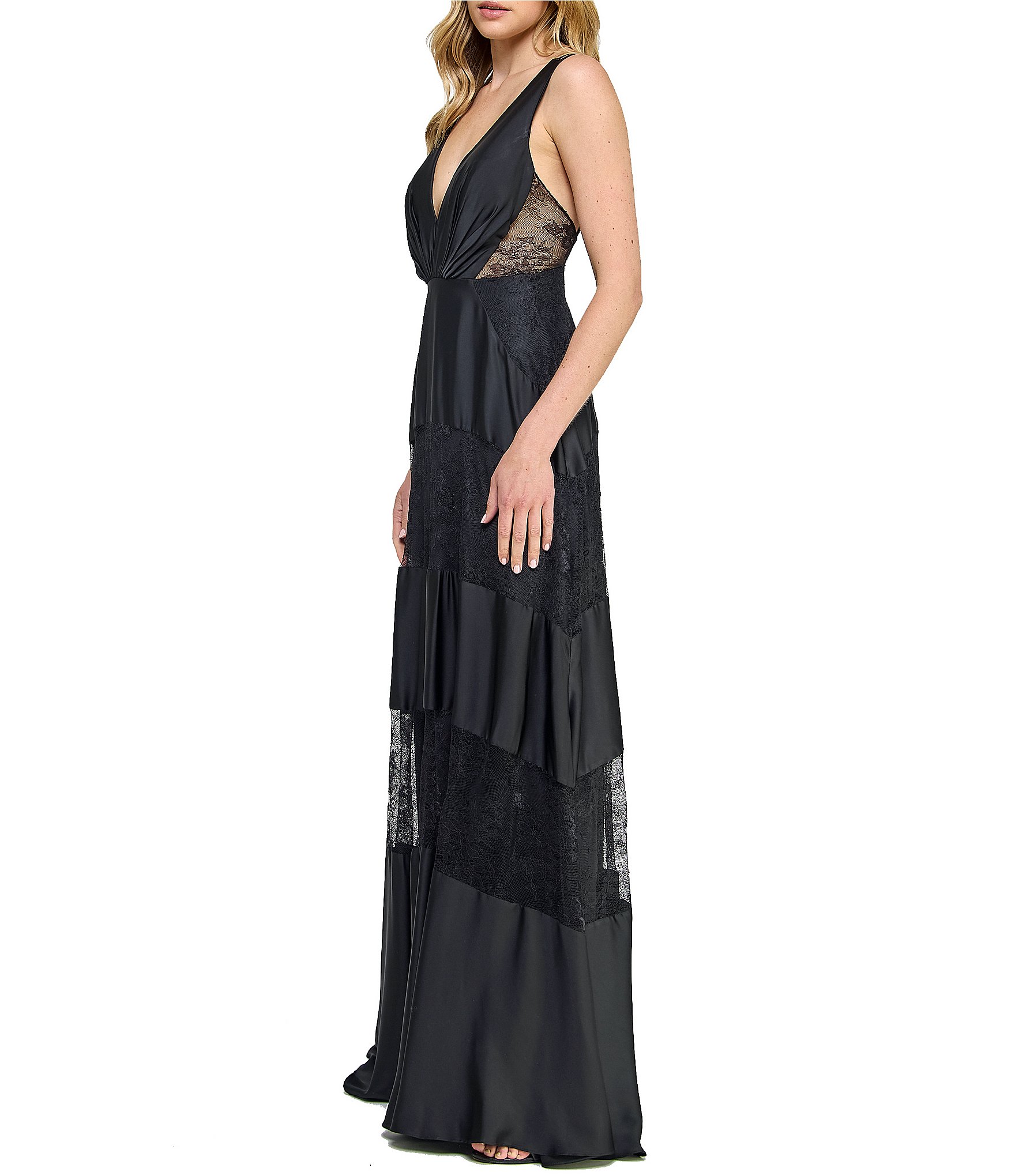 Layered With Love Celia Satin V-Neck Sleeveless Tiered Lace Maxi Dress