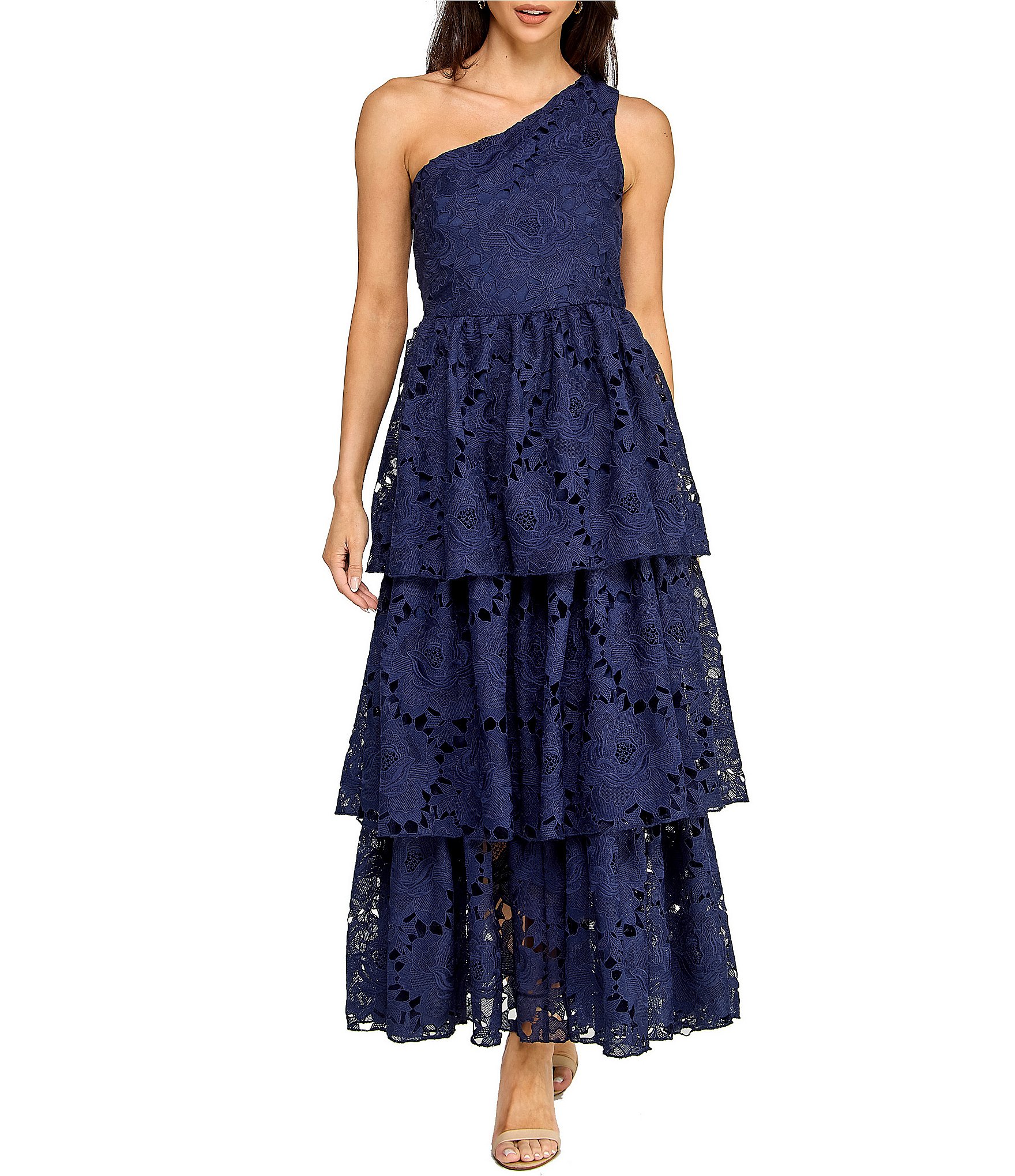 Layered With Love Florence Lace One Shoulder Neck Sleeveless Ruffle Tiered Maxi Dress