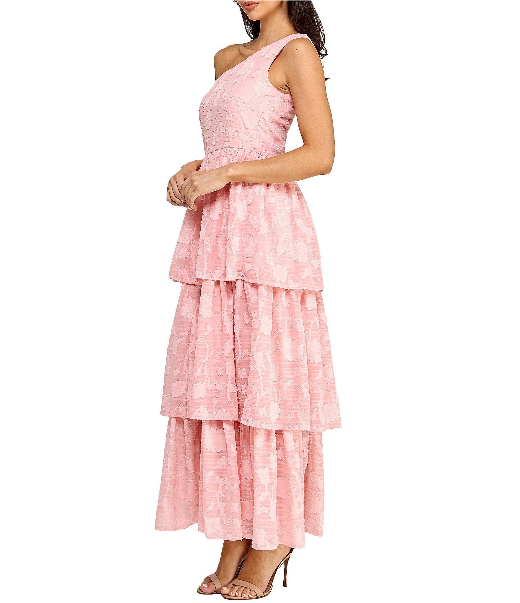 Layered With Love Lace Asymmetrical One Shoulder Neck Sleeveless Ruffle Tiered A-Line Dress