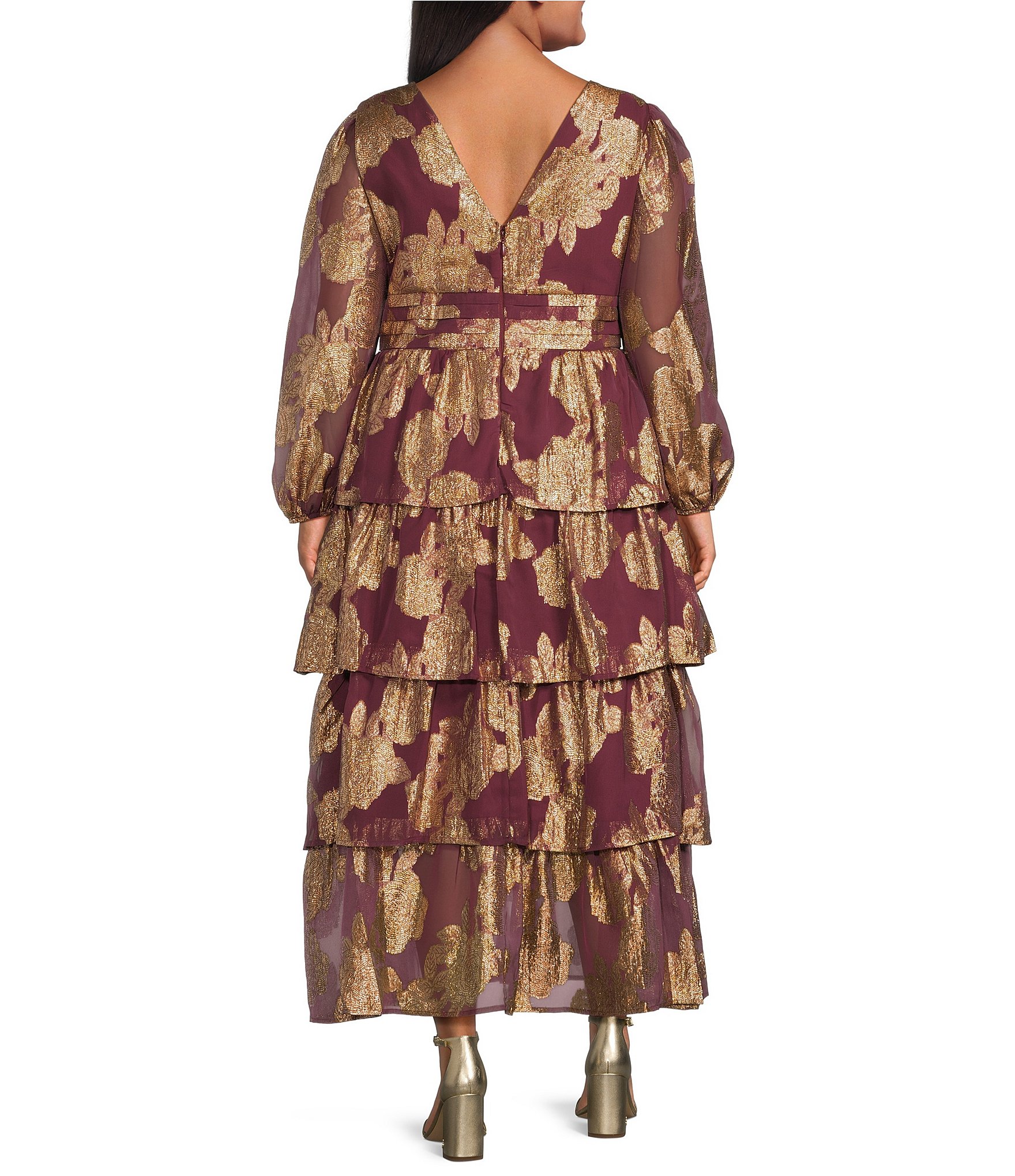 Layered With Love Plus Size Foil Print Chiffon V-Neck Long Sleeve Ruffle Tiered A-Line Dress
