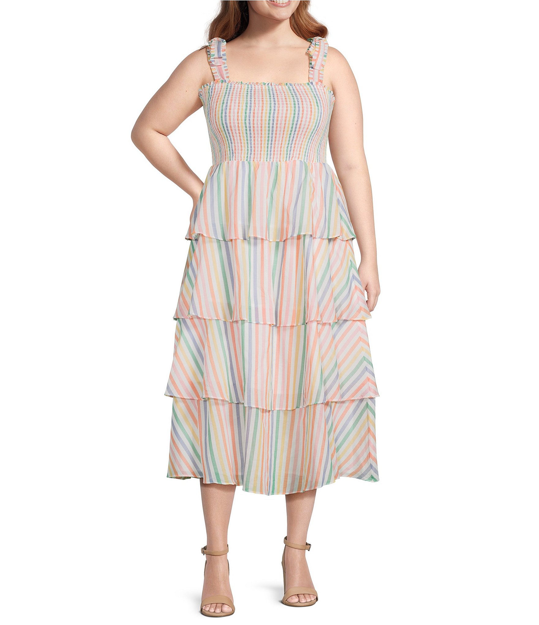 Layered With Love Plus Size Striped Square Neck Sleeveless Tie Straps Tiered Ruffle Dress