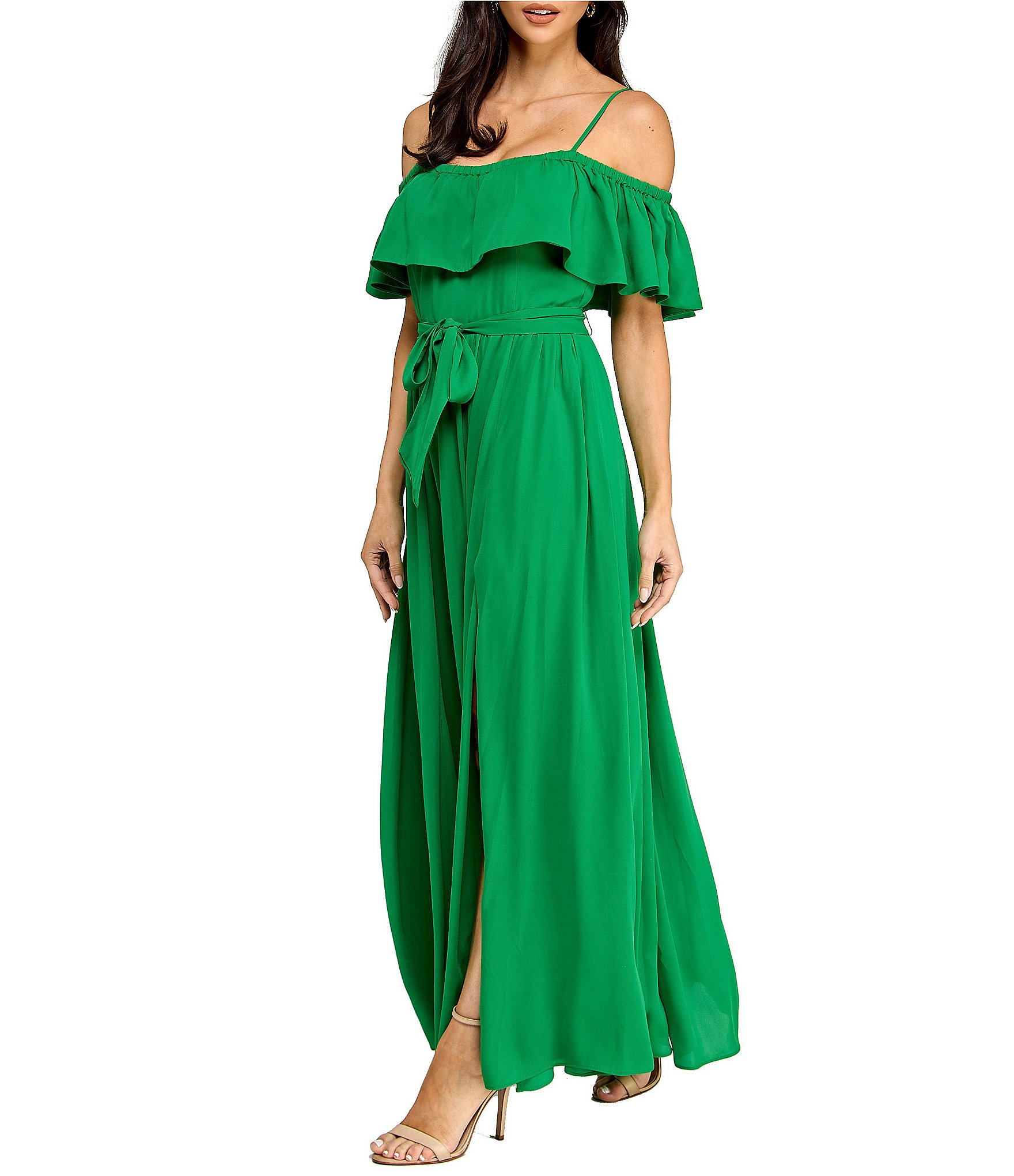 Layered With Love Teri Georgette Off The Shoulder Neck Short Sleeve Ruffle Gown