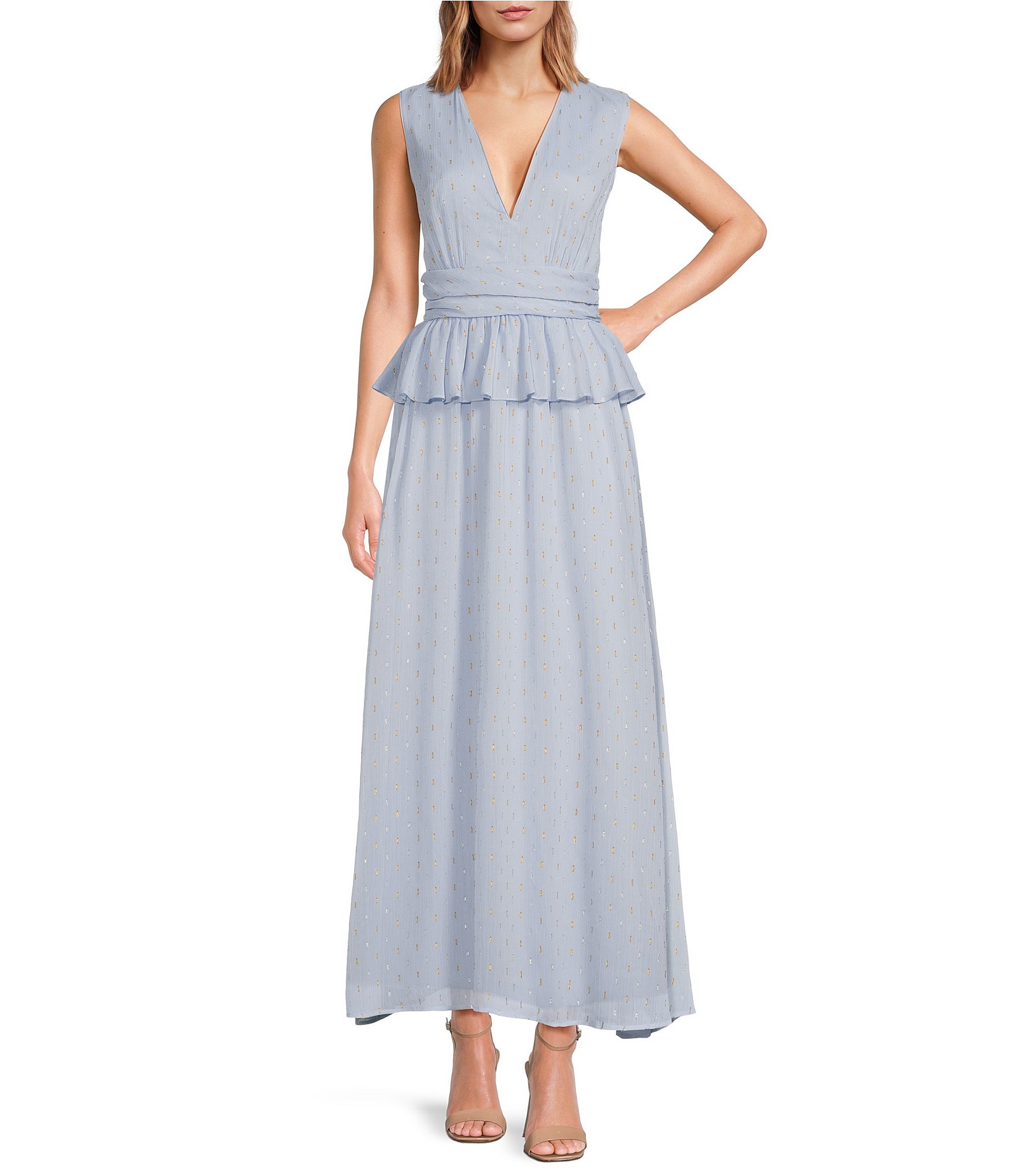 LDT V-Neck Sleeveless Peplum Waist Gown | Dillard's