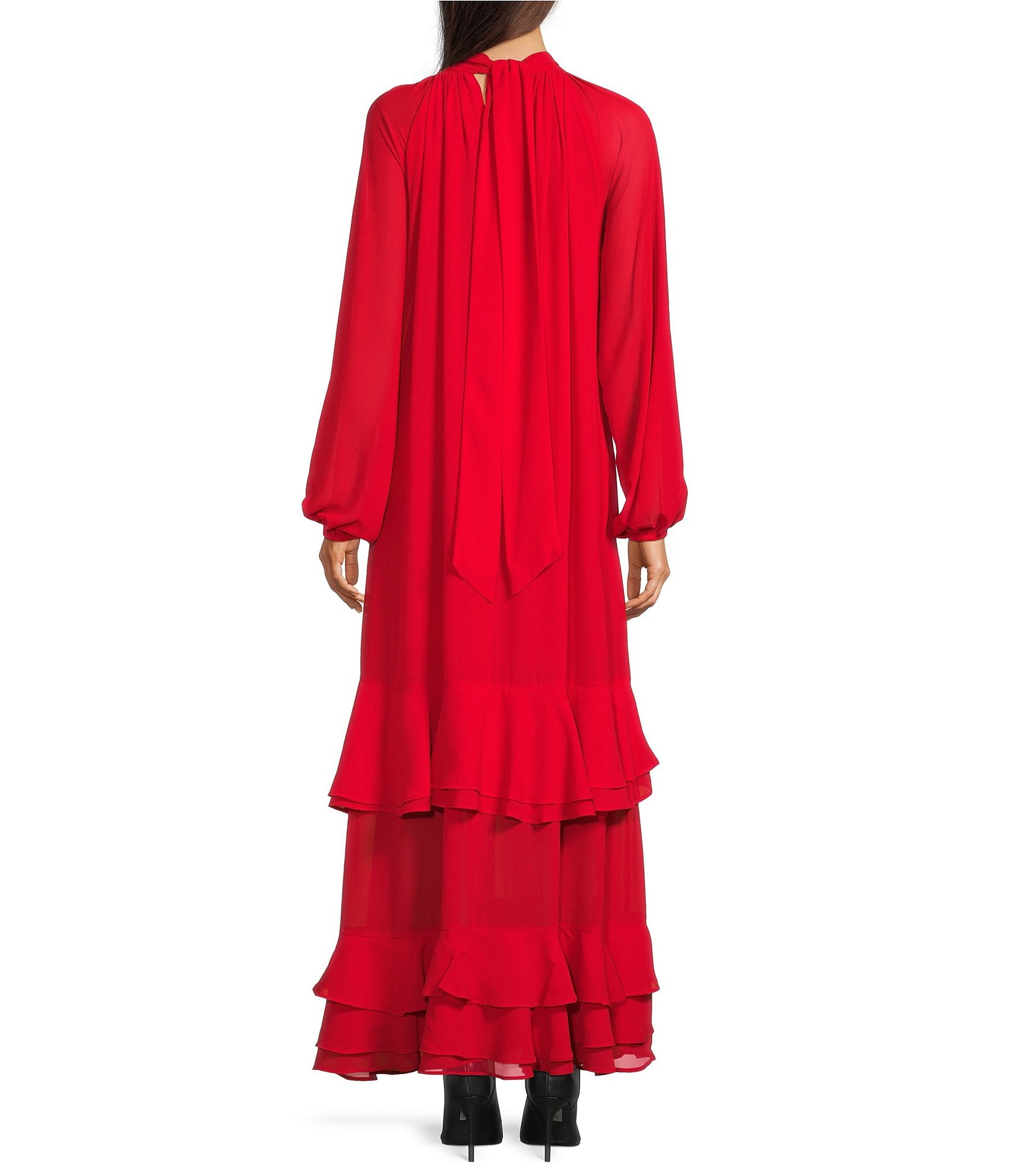 Le' AL.X Chiffon Ruched Mock Neck Long Blouson Sleeve Tiered Ruffle Shift Maxi Dress