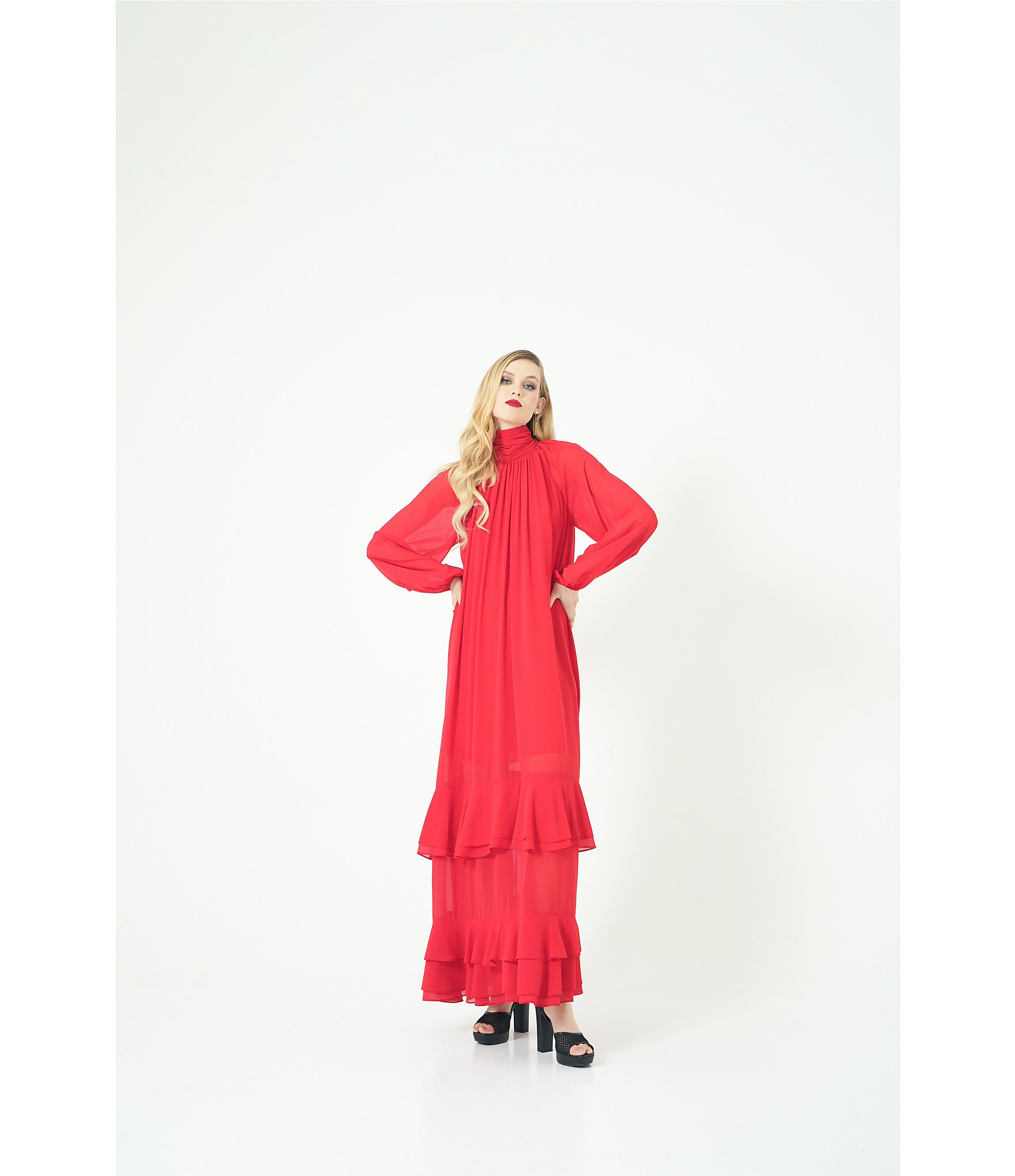 Le' AL.X Chiffon Ruched Mock Neck Long Blouson Sleeve Tiered Ruffle Shift Maxi Dress