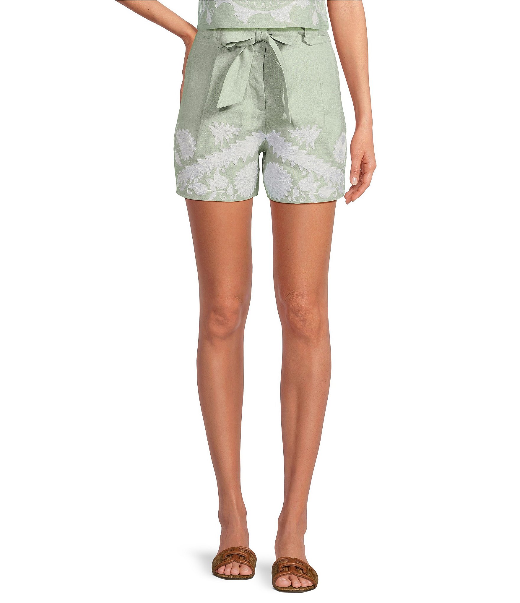 Le' AL.X Embroidered Linen High Rise Tie Waist Pocketed Le' AL.X Embroidered Linen High Rise Tie Waist Pocketed