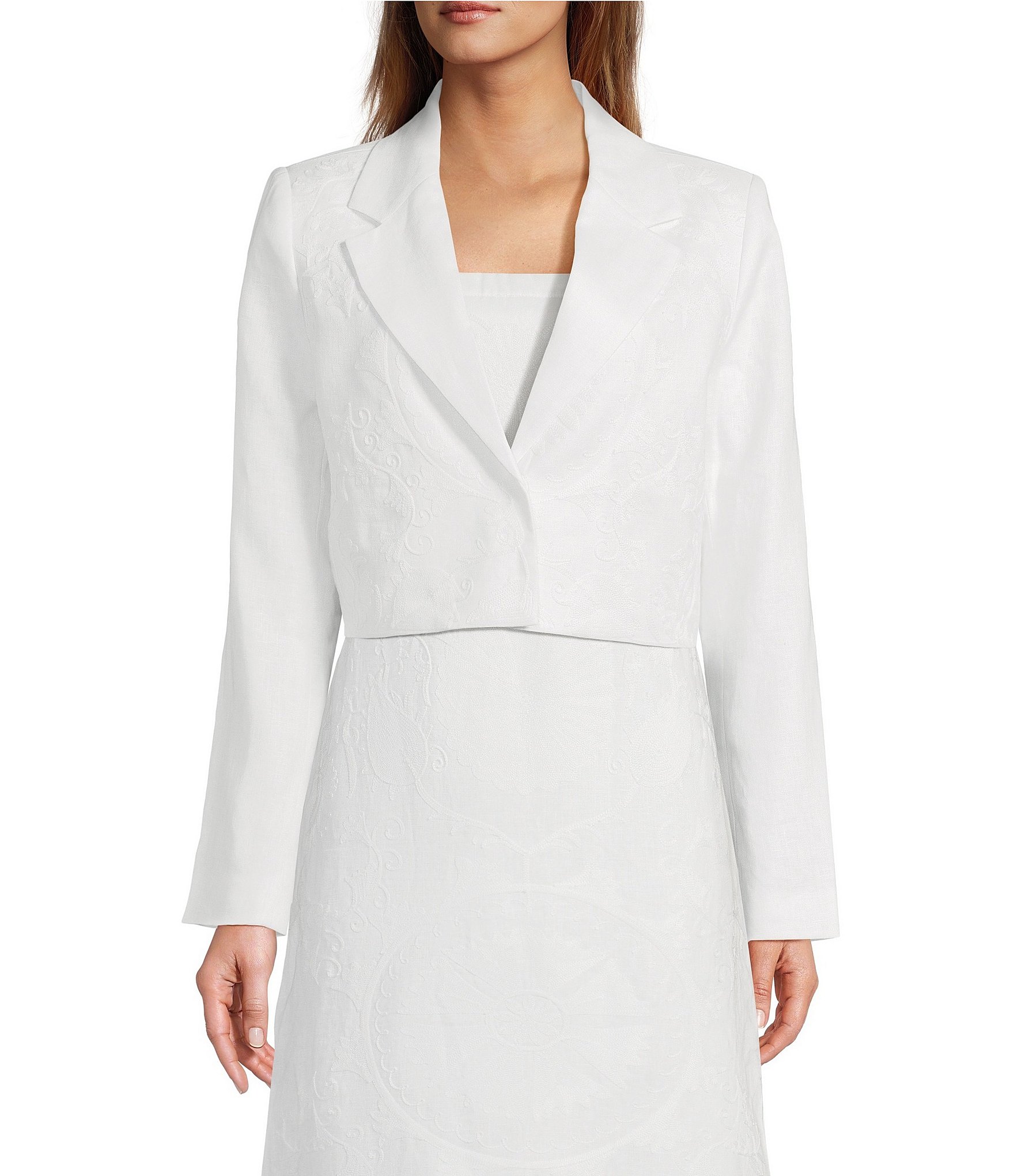 Le' AL.X Embroidered Linen Notch Lapel Long Sleeve Button Front Cropped Coordinating Blazer