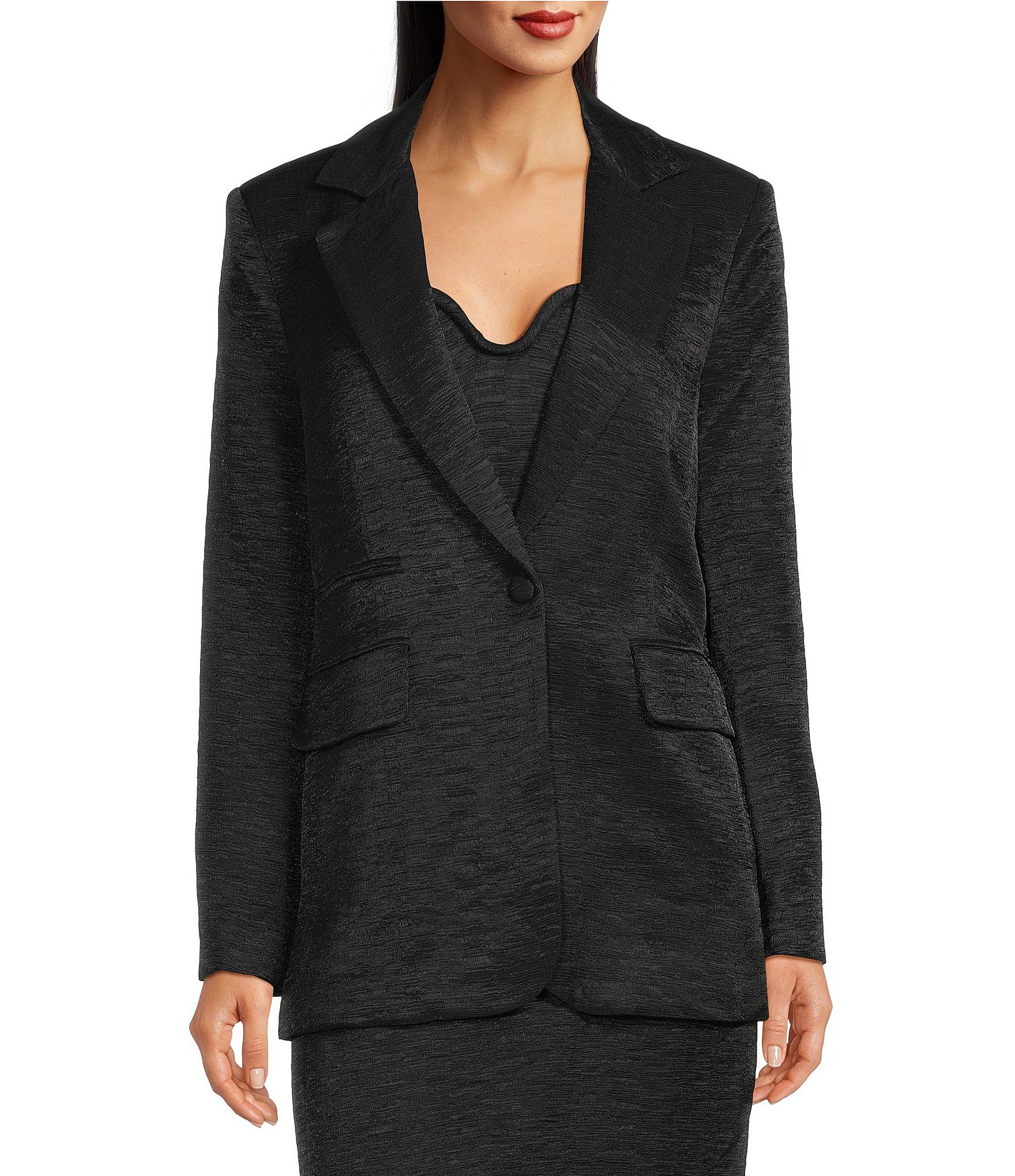Le' AL.X Crinkle Notch Lapel Long Sleeve Button Front Coordinating Blazer