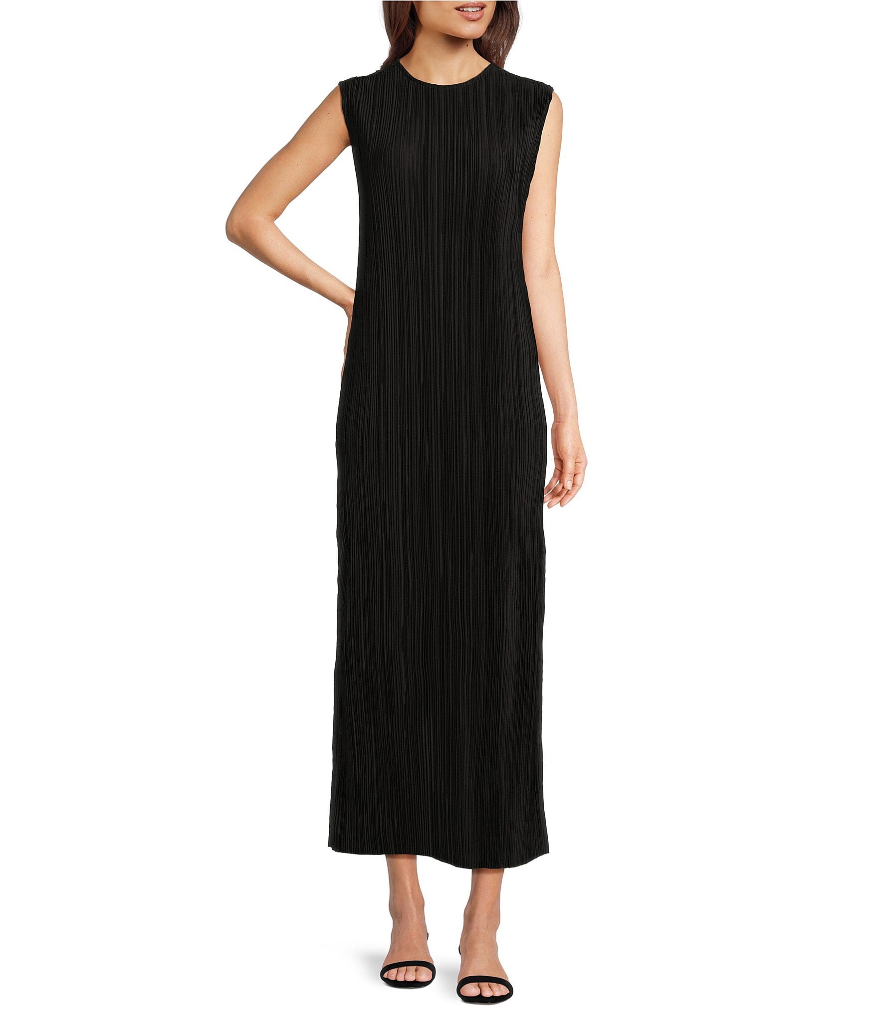 Le' AL.X Crinkle Pleated Stretch Knit Crew Neck Sleeveless Coordinating Side Slit Shift Maxi Dress