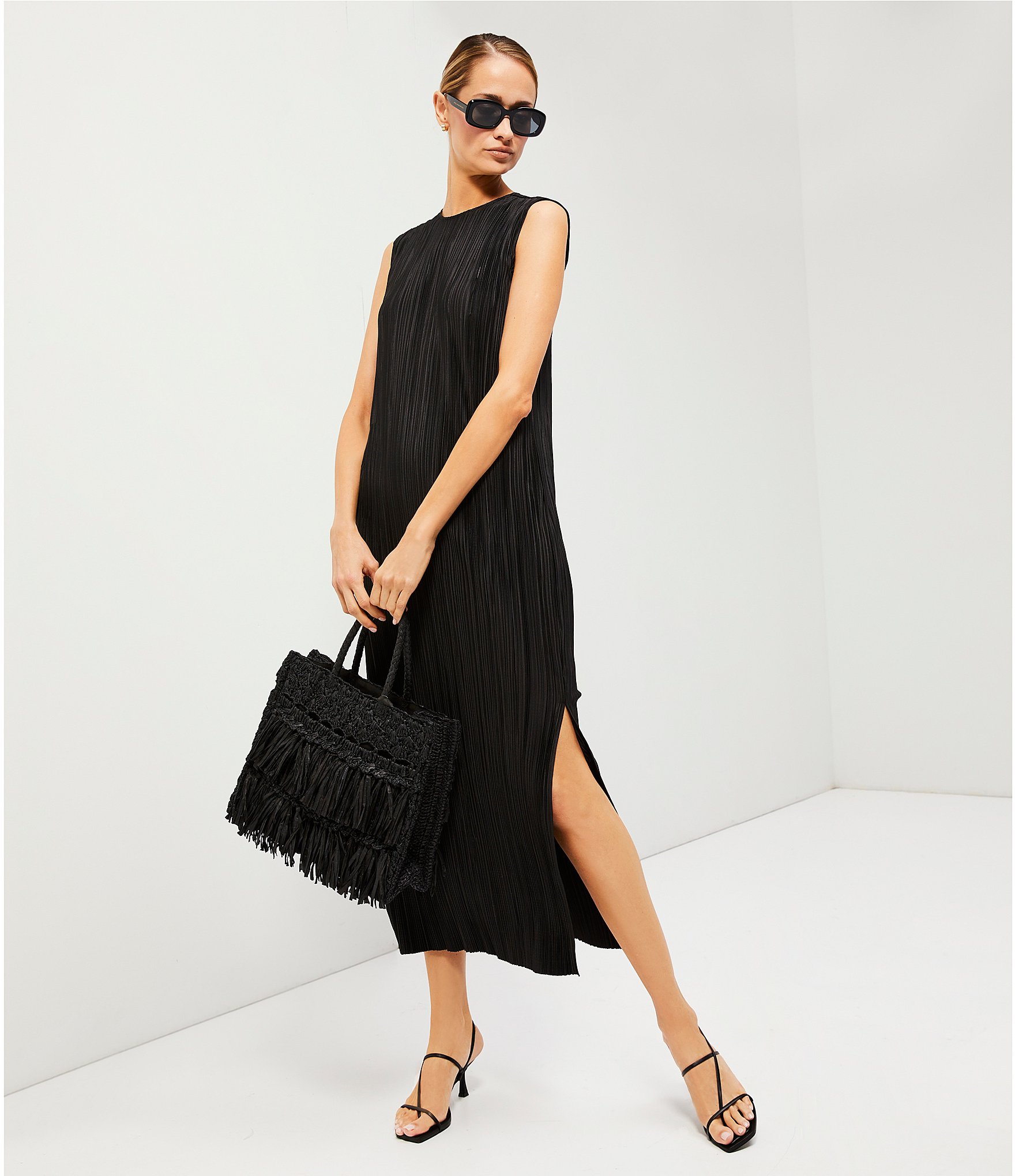 Le' AL.X Crinkle Pleated Stretch Knit Crew Neck Sleeveless Coordinating Side Slit Shift Maxi Dress