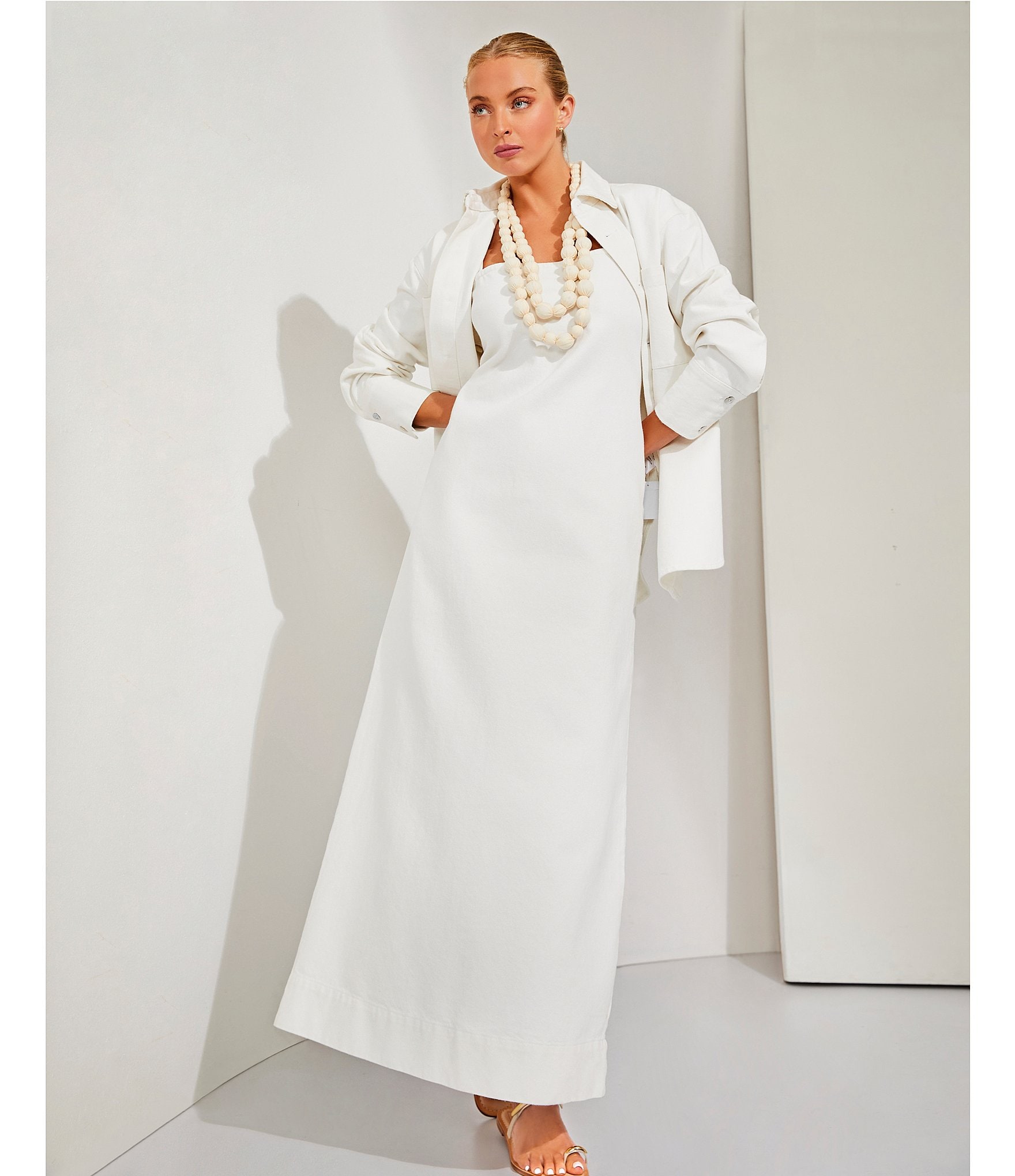 Le' AL.X Denim Square Neck Spaghetti Strap Back Split Hem Column Coordinating Maxi Dress