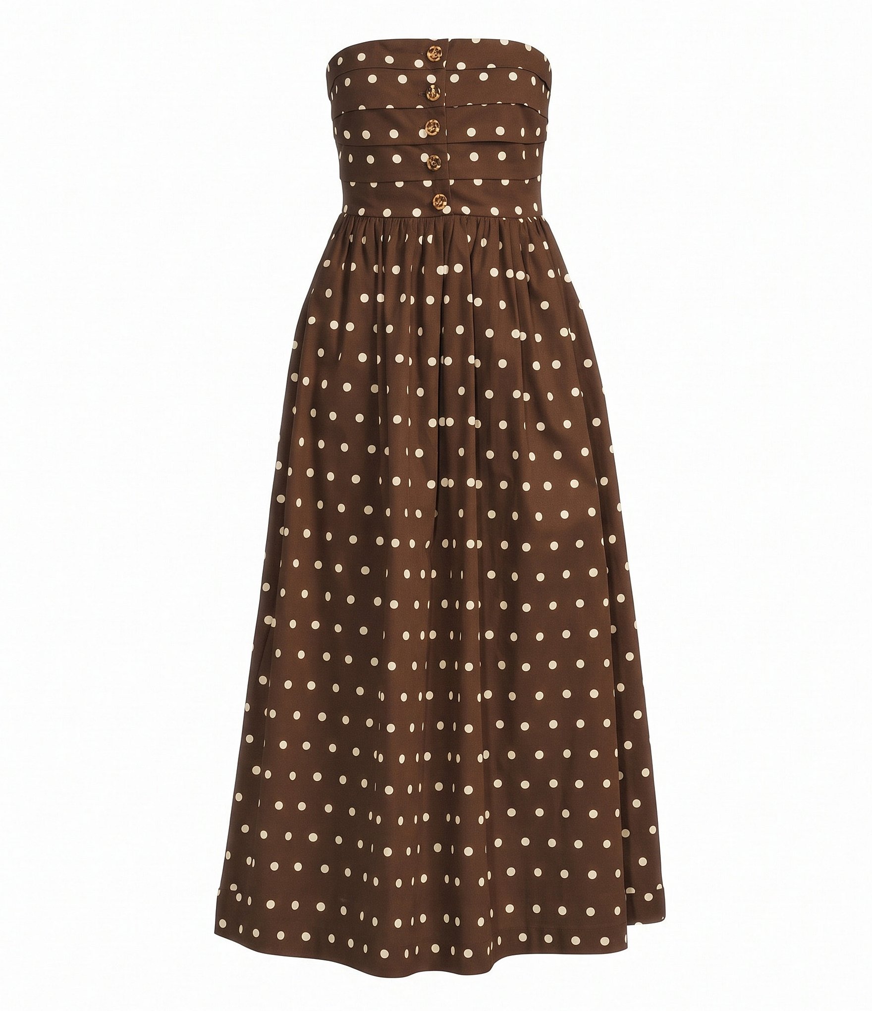 Le' AL.X Polka Dot Printed Strapless Gold Button A-Line Midi Dress
